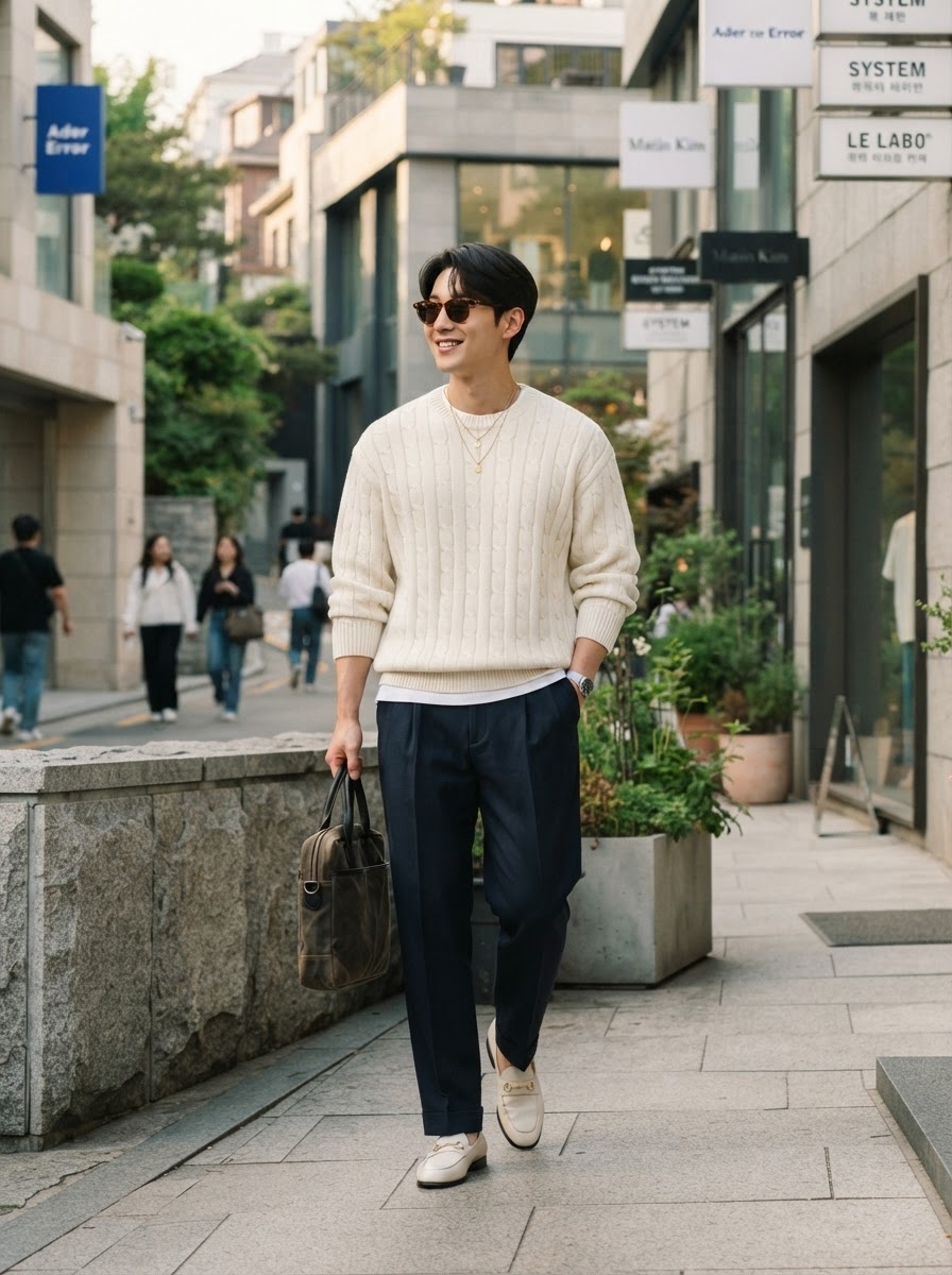 SKIPIKS AI fashion editorial — minimalist, smart_casual — This is a sophisticated look featuring a cream knit sweater paired with navy sla