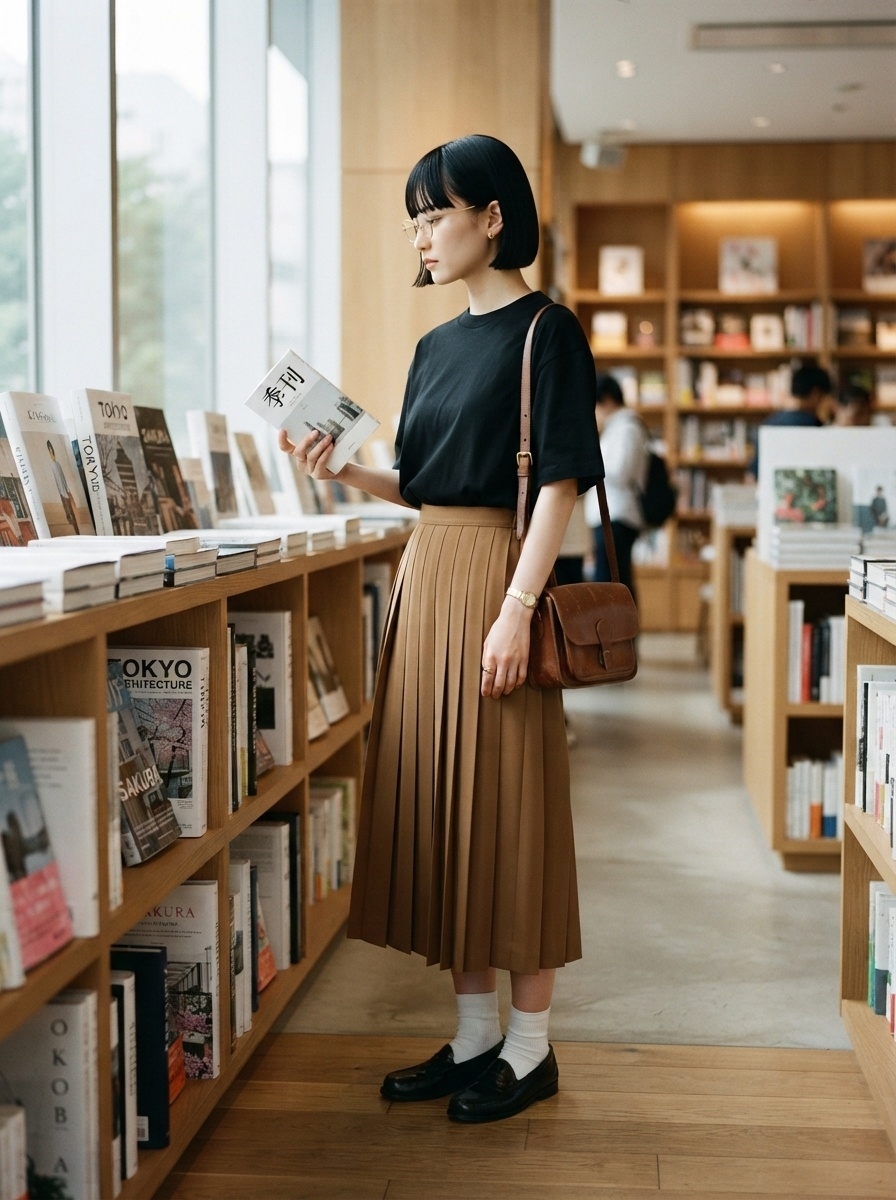 SKIPIKS AI fashion editorial — minimalist, feminine, vintage — The combination of a black short-sleeve t-shirt and a brown pleated skirt create