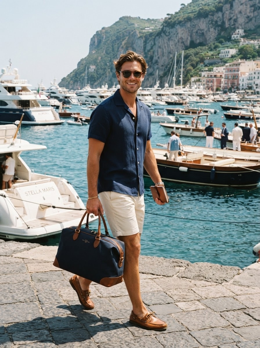 SKIPIKS AI fashion editorial — casual, vacation, nautical — The navy short-sleeve shirt and ivory shorts create a refreshing vibe by the coa