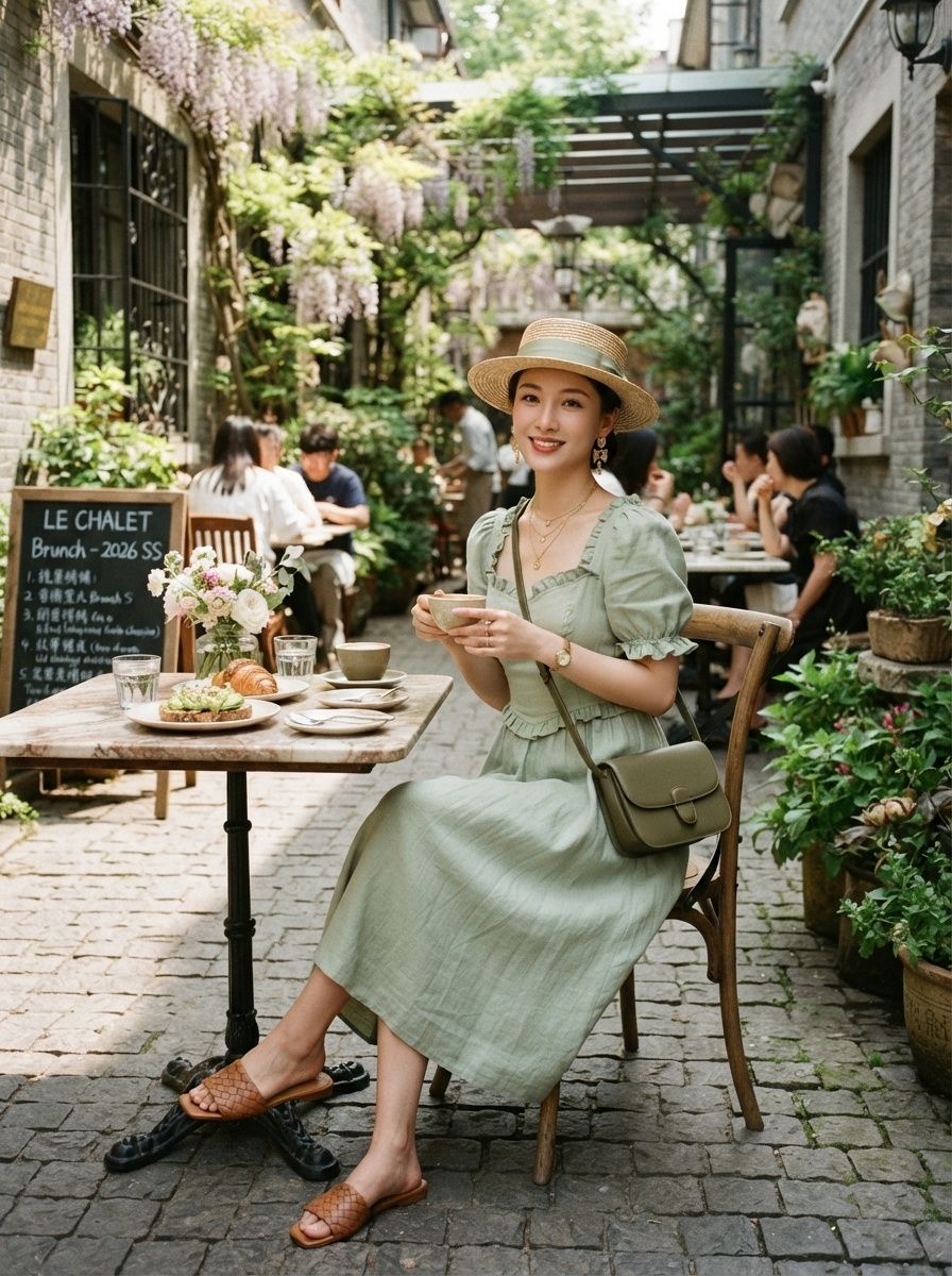 SKIPIKS AI 패션 화보 — feminine, romantic, vintage — 연녹색 린넨 드레스가 자연스러운 느낌을 주며, 밀짚모자가 여성스러운 매력을 더해줍니다. 브라운 슬리퍼와 카키색 크로스백을 매치해 내추럴한 포인트