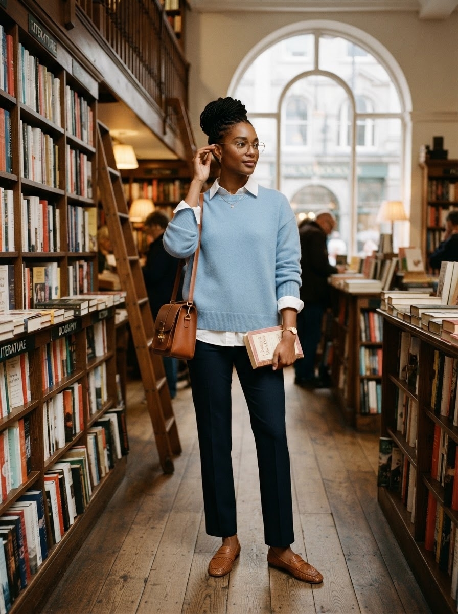SKIPIKS AI fashion editorial — preppy, minimalist — Create a warm and fresh vibe with a soft sky-blue sweater and a white shirt. Com