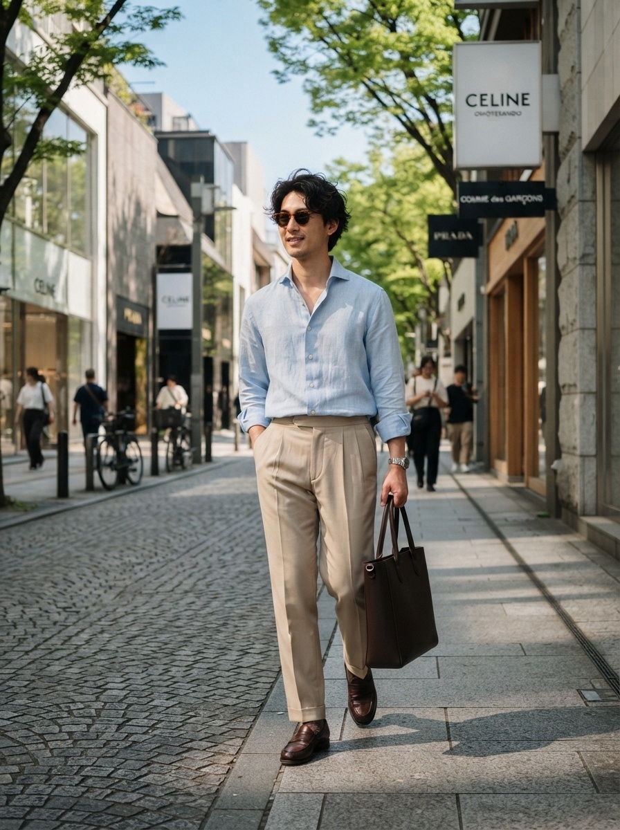 SKIPIKS AI 패션 화보 — casual, preppy — 하늘색 셔츠와 베이지색 바지의 조화로 밝고 세련된 스프링 무드를 연출해보세요. 적당히 여유로운 실루엣의 셔츠는 편안하면서도 고급스럽게 연출할 수