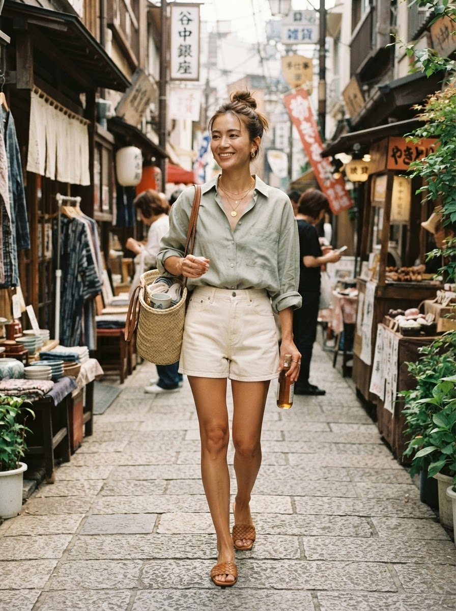 SKIPIKS AIファッション写真 — minimalist, casual — カーキのシャツとクリーム色のショートパンツが組み合わさった自然な夏のルックです。ラタンバッグとゴールドアクセサリーを合わせて、上品さをプラスしましょう。夏の日の