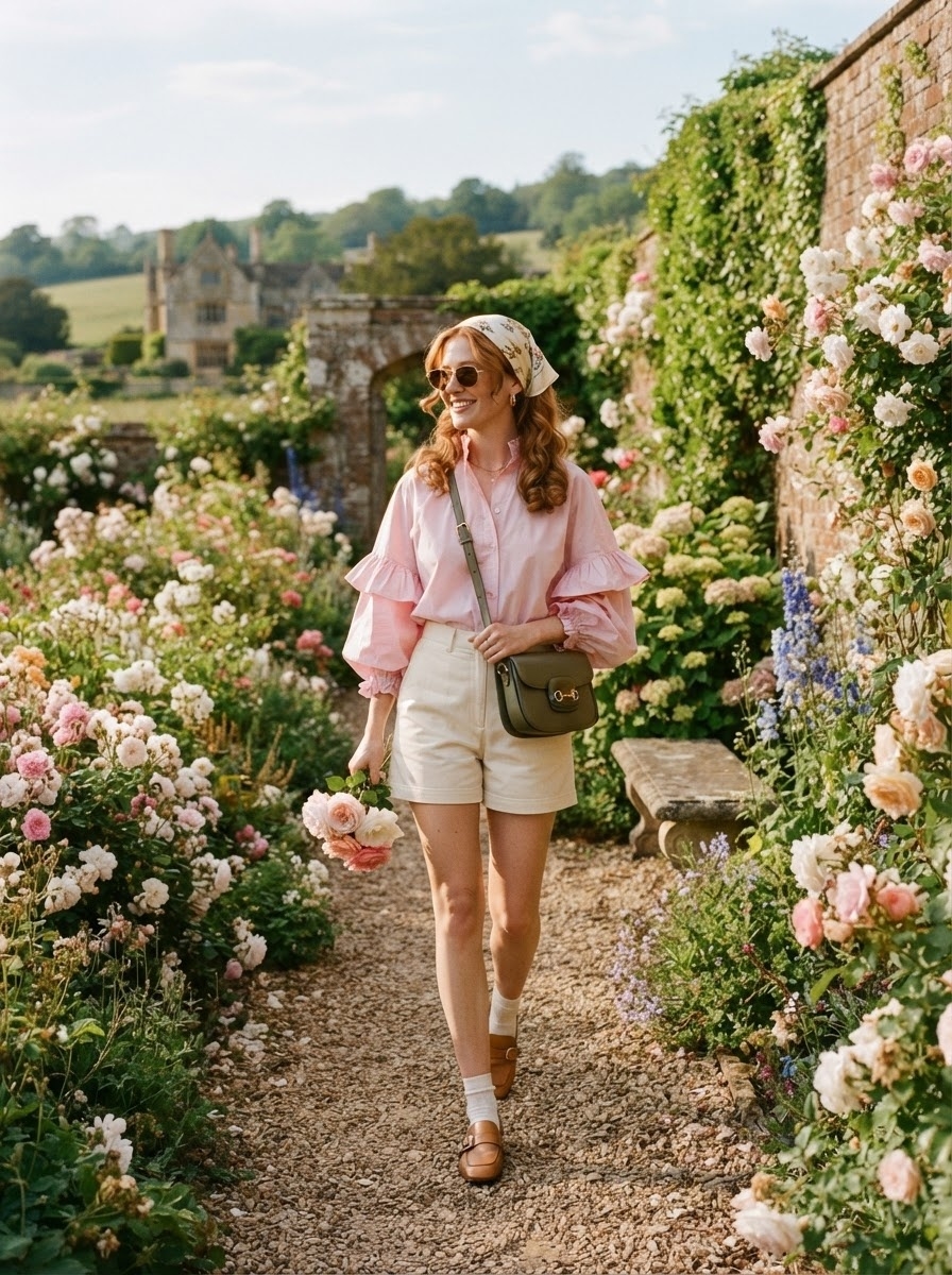 SKIPIKS AI fashion editorial — feminine, romantic, vintage — I created a romantic mood with a lovely pink blouse and white shorts. Pair it wi