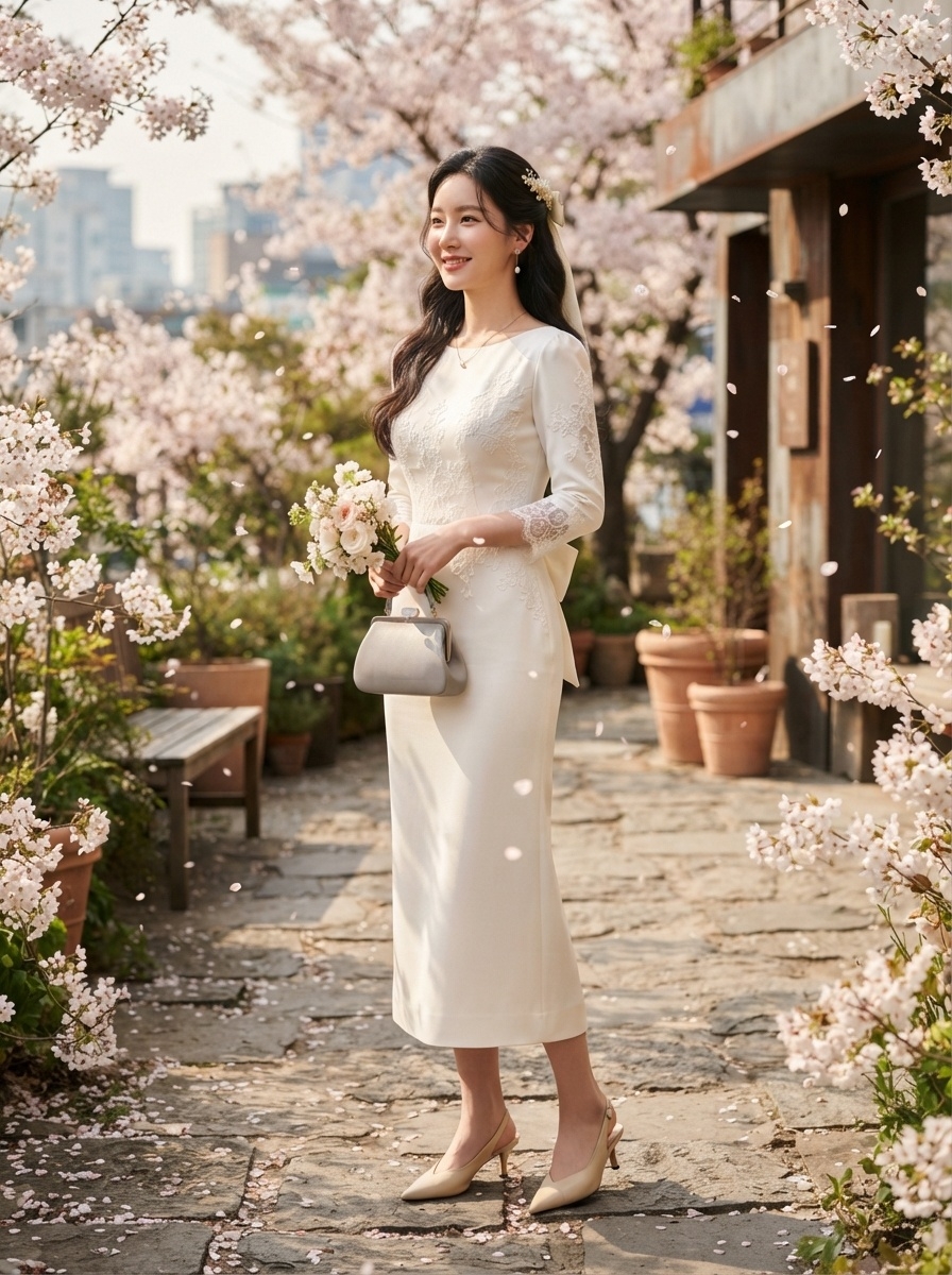 SKIPIKS AI 패션 화보 — romantic, feminine — 화사한 아이보리 드레스가 봄의 로맨틱한 분위기를 완성해요. 파스텔 색상의 액세서리와 매치하여 더욱 우아하고 소프트한 매력을 즐겨보세요. 결혼식이