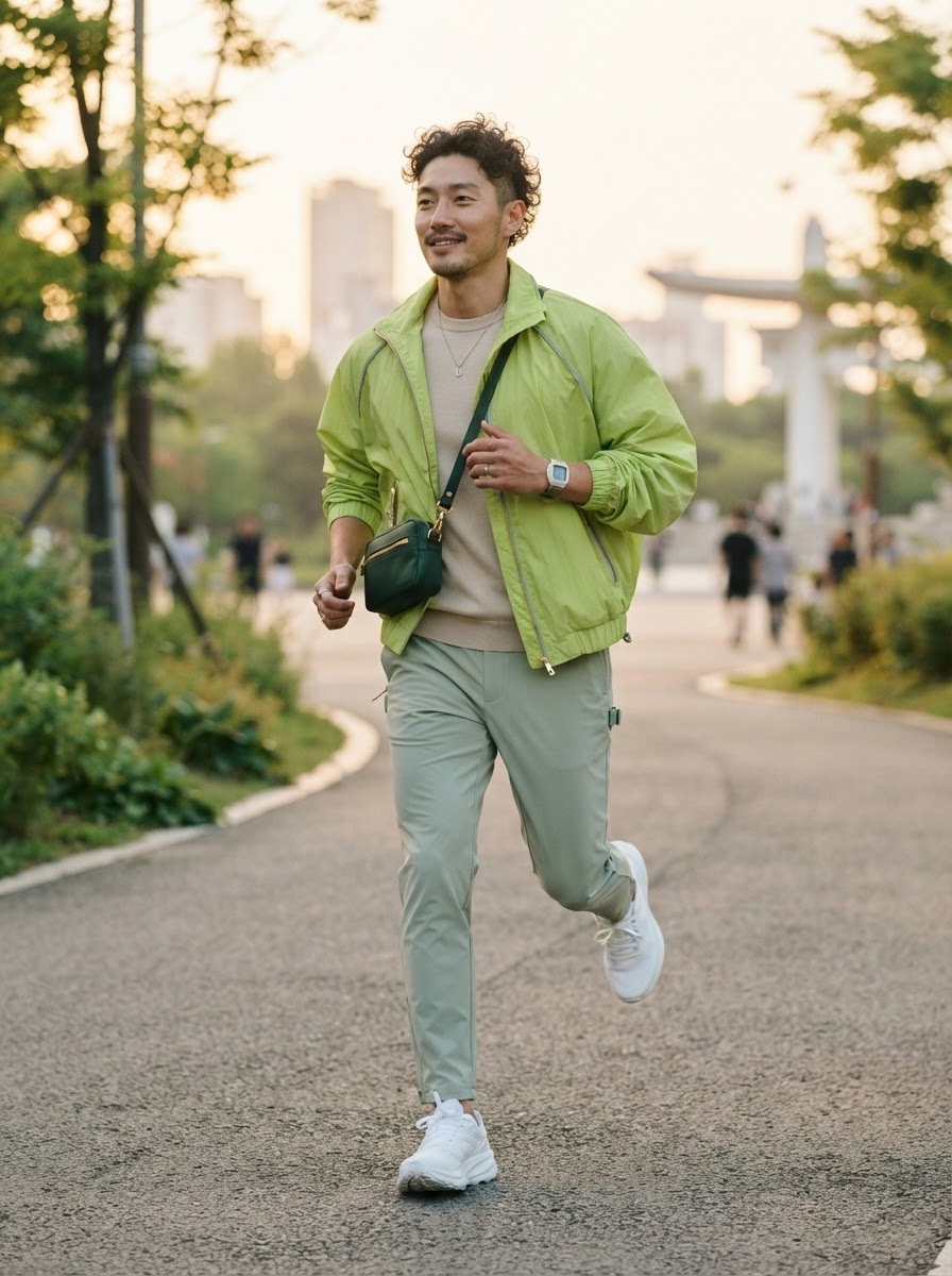 SKIPIKS AI 패션 화보 — athleisure, casual — 라임 그린 바람막이와 라이트 그린 팬츠가 눈에 띄는 상큼한 봄 러너룩입니다. 베이지 티셔츠와 화이트 스니커즈로 포인트를 주며 자연스러운 조화를 