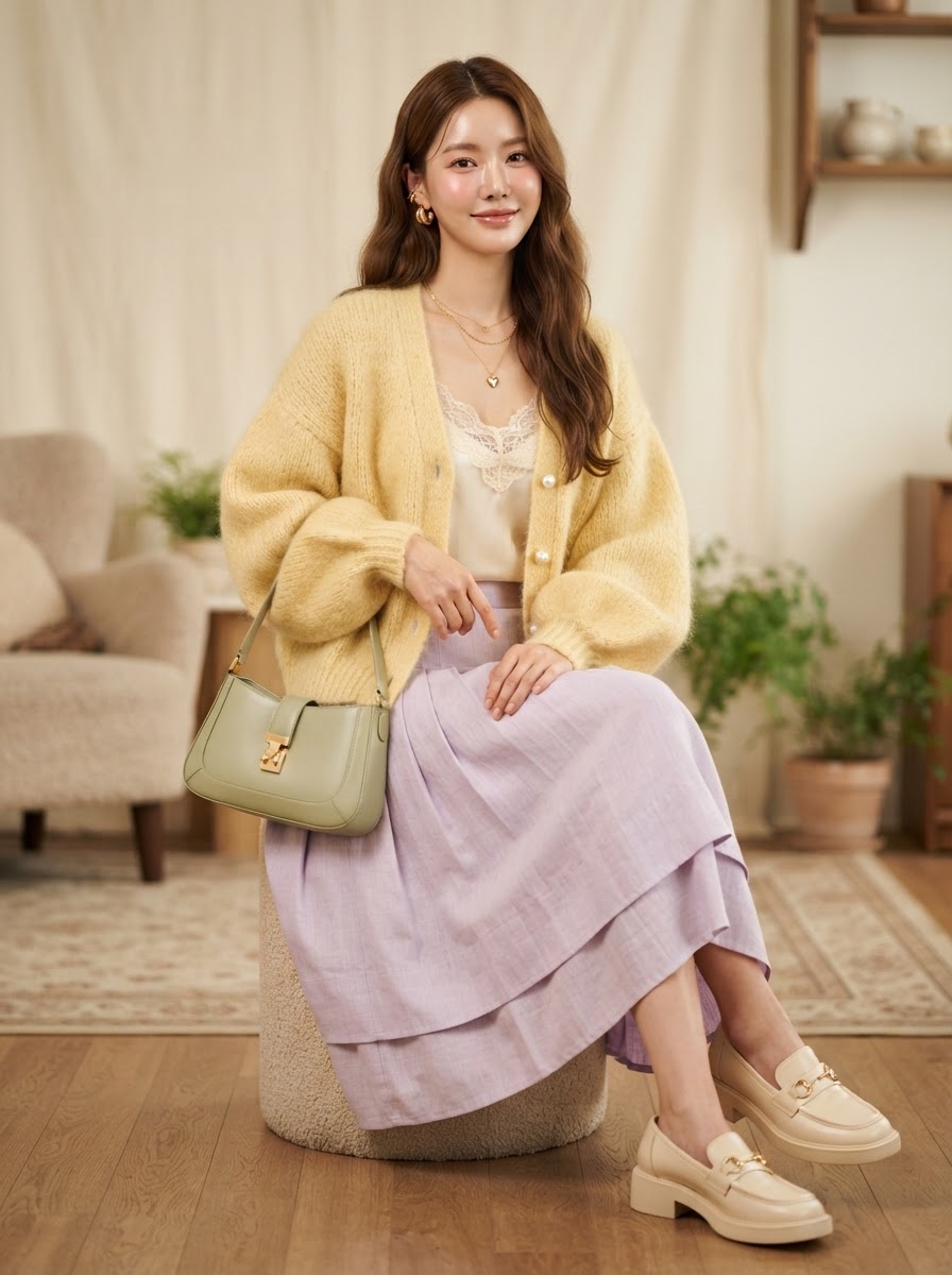 SKIPIKS AI 패션 화보 — feminine, casual, chic — 소프트한 노란색과 라벤더의 조화가 감각적인 룩을 완성합니다. 여유로운 핏의 니트 가디건이 따뜻한 가을 무드를 더하며, 루즈한 롱스커트와의 매치가