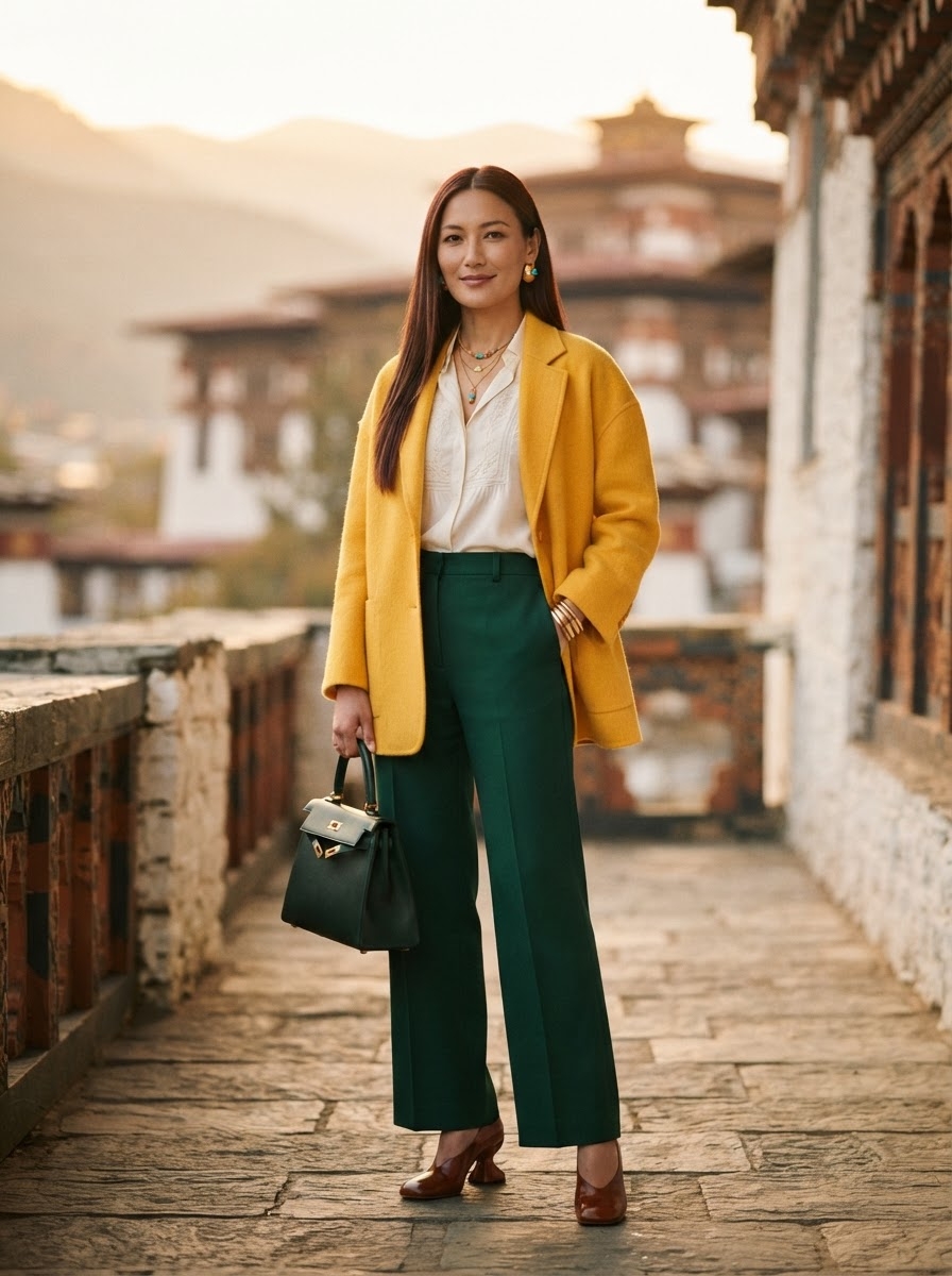 SKIPIKS AI 패션 화보 — elegant, chic — 선명한 노란색 코트가 시선을 사로잡는 우아한 가을 룩입니다. 흰색 블라우스와 초록색 바지가 조화롭게 매치되어 세련된 버전의 컬러 블로킹을 완성합