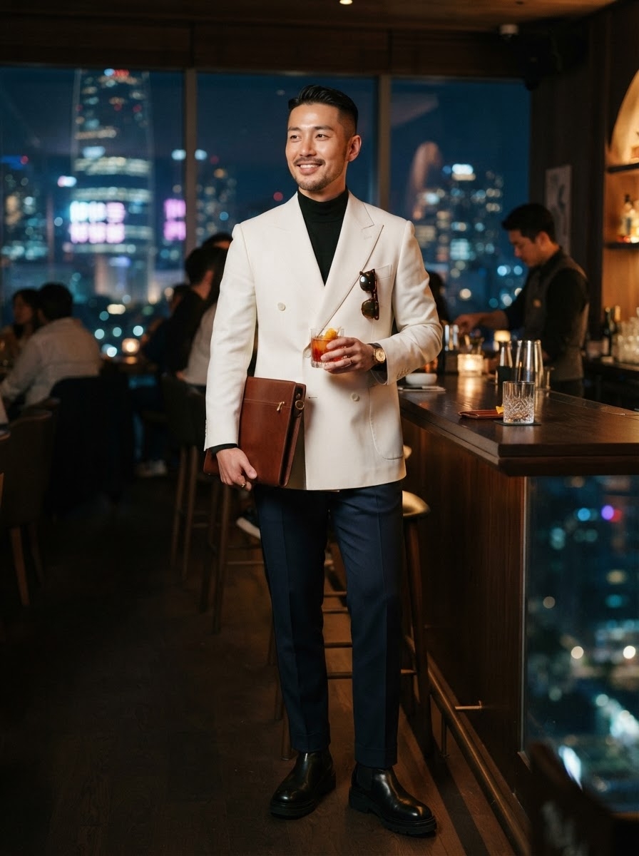 SKIPIKS AI 패션 화보 — formal, chic, sophisticated — 세련된 아이보리 더블 브레스티드 블레이저와 블랙 터틀넥의 조화가 남성적인 매력을 한껏 드러내는 룩입니다. 슬림한 네이비 슬랙스와 블랙 첼시 부츠