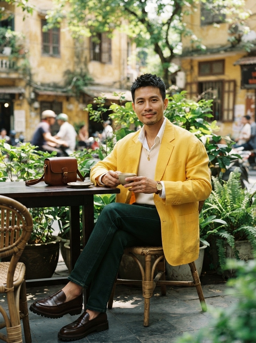 SKIPIKS AI 패션 화보 — sophisticated, chic — 화사한 옐로우 블레이저가 시각적으로 돋보이는 도시 남성 룩입니다. 화이트 셔츠와 그린 팬츠의 조화가 시크한 무드를 완성해요. 데일리로도 좋지만,