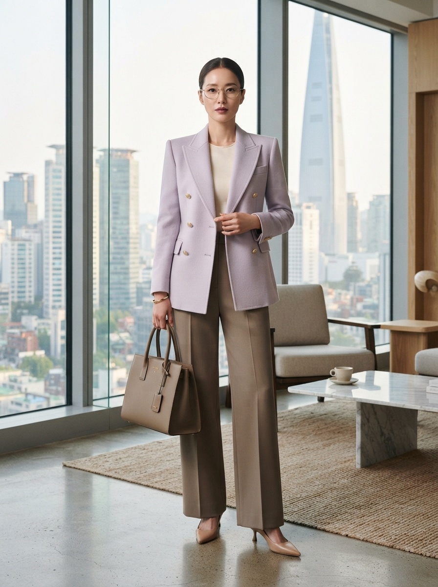 SKIPIKS AI 패션 화보 — business, minimalist, chic — 라일락 컬러의 더블 브레스트 블레이저가 봄과 가을의 감성을 담고 있습니다. 베이지 톤의 슬랙스를 매치하여 차분하면서도 세련된 무드가 완성됩니다.