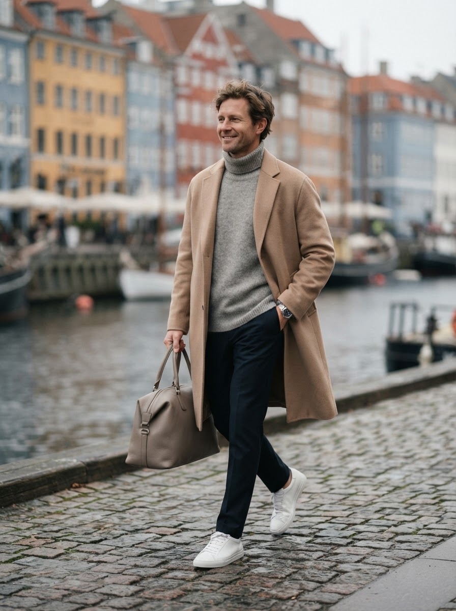 SKIPIKS AI 패션 화보 — smartcasual, classic — 베이지 코트와 회색 터틀넥이 조화로운 룩은 엔틱한 무드를 자아냅니다. 이 스타일은 검정 슬랙스와 흰 스니커즈로 깔끔하게 마무리하되, 가벼운 색상