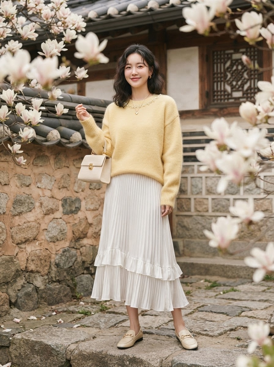 SKIPIKS AI 패션 화보 — feminine, chic, romantic — 포근한 노란색 니트 스웨터와 화사한 흰색 플리츠 스커트가 어우러져 봄의 산뜻함을 전해줍니다. 깔끔한 베이지 로퍼와 세련된 핸드백을 매치해 감각적