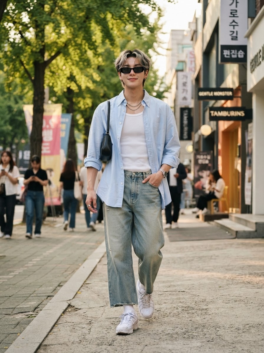 SKIPIKS AI 패션 화보 — streetwear, minimalist, casual — 여유로운 청바지와 하늘색 셔츠가 조화롭게 어우러진 세련된 캐주얼 룩입니다. 흰색 탱크탑과 검정 선글라스로 스트리트 무드를 강화해보세요. 가벼운 