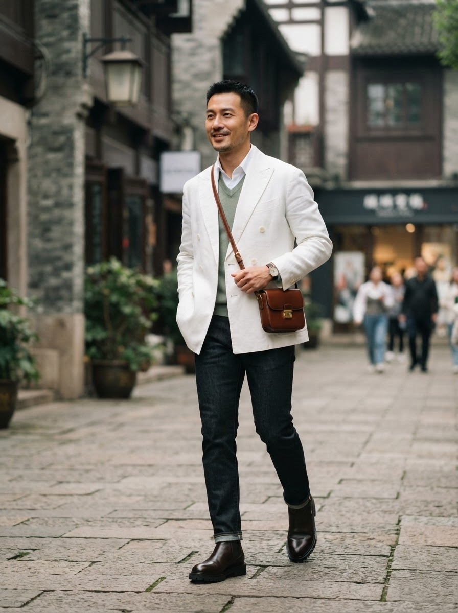SKIPIKS AI 패션 화보 — formal, casual — 화이트 재킷과 니트 레이어링이 어반하면서도 깔끔한 무드를 완성해주는 멋진 코디입니다. 청바지와 첼시 부츠로 캐주얼하고도 실용적인 룩이 완성됩니다