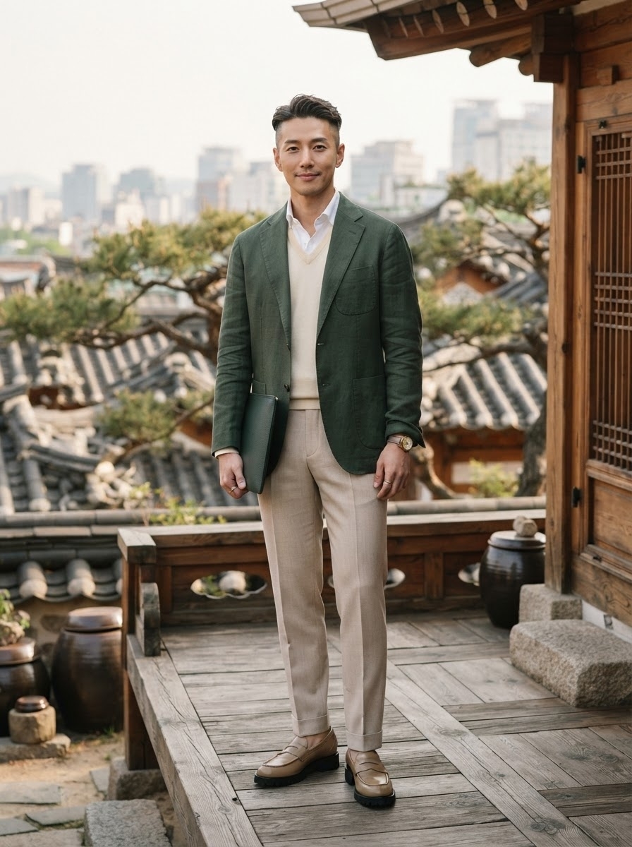 SKIPIKS AI 패션 화보 — classic, minimalist — 깔끔한 실루엣과 클래식한 색감이 돋보이는 포멀 룩입니다. 녹색 재킷과 크림색 스웨터의 조합이 우아하면서도 세련된 분위기를 연출해요. 비즈니스 미