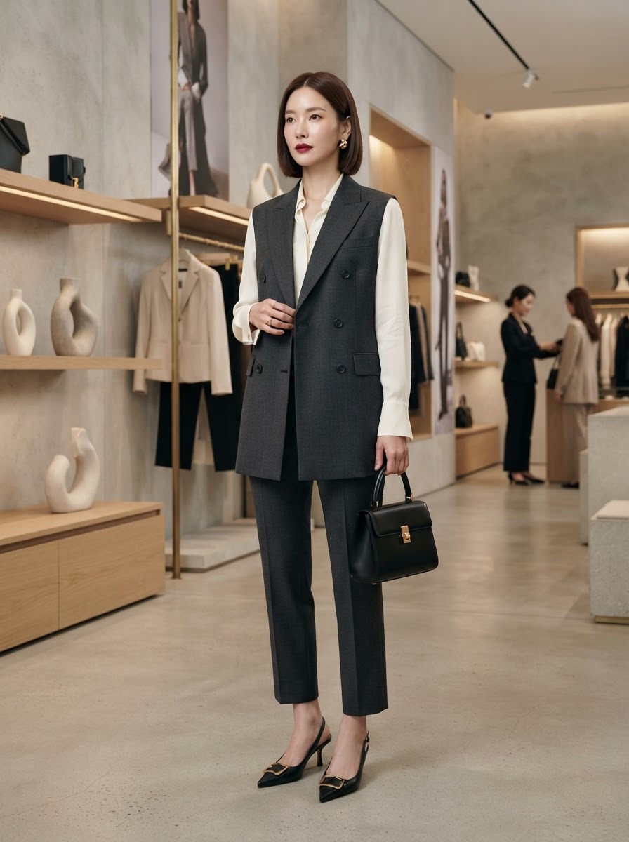 SKIPIKS AI 패션 화보 — minimalist, chic — 그레이 톤의 세련된 무드가 돋보이는 베스트와 슬랙스 조합은 실루엣이 매력적이에요. 화이트 셔츠와 매치하여 깔끔하면서도 시크한 룩을 추천해요. 사