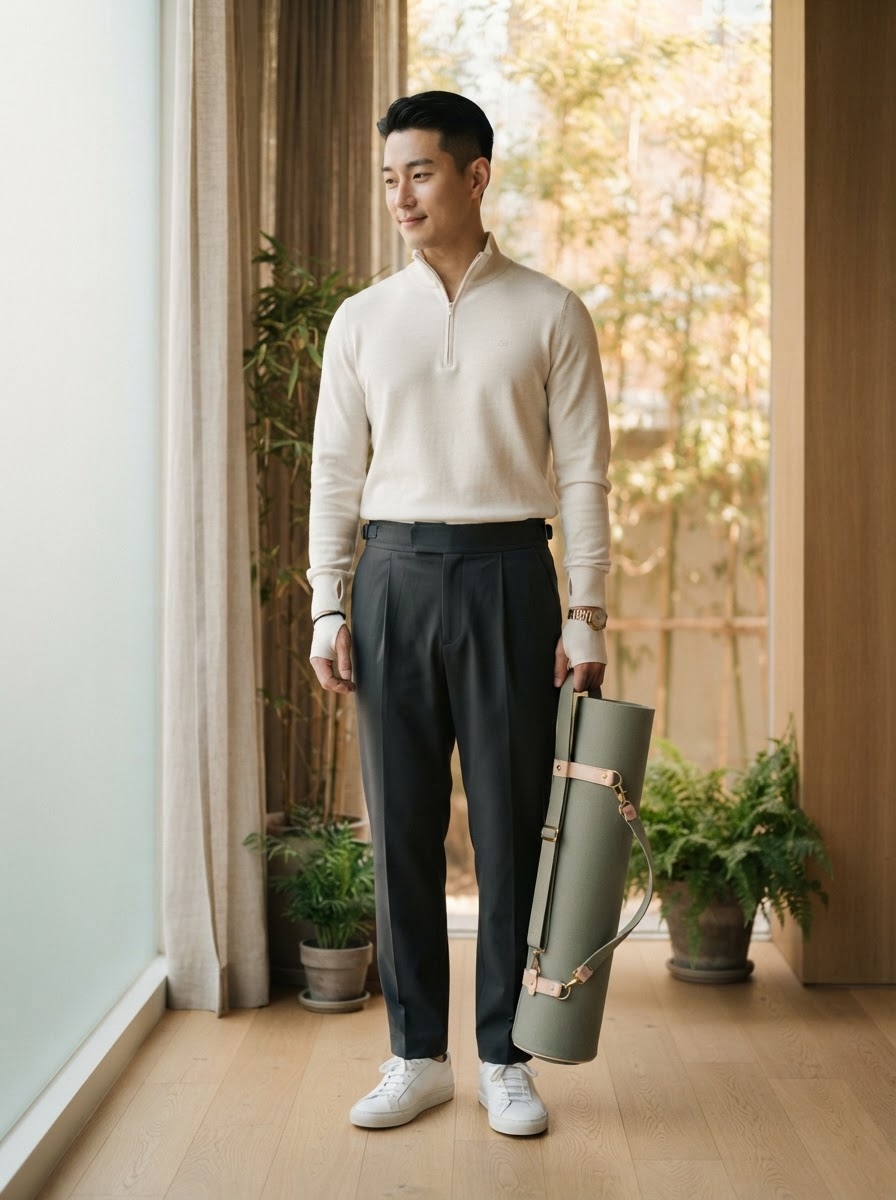 SKIPIKS AI 패션 화보 — minimalist, clean — 부드러운 아이보리 톤의 니트와 클래식한 슬랙스가 조화를 이루는 세련된 룩이에요. 심플한 화이트 스니커즈와 시계로 깔끔한 포인트를 더해보세요. 데