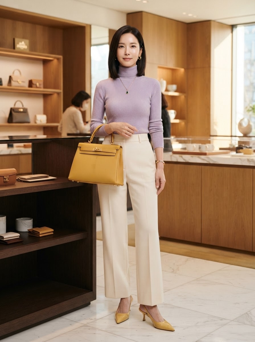 SKIPIKS AI 패션 화보 — minimalist, feminine — 라벤더 니트가 부드러운 느낌을 주며 아이보리 팬츠와의 조화가 세련된 느낌을 선사해요. 노란색 액세서리와의 컬러 매치가 스타일의 포인트가 되어 독