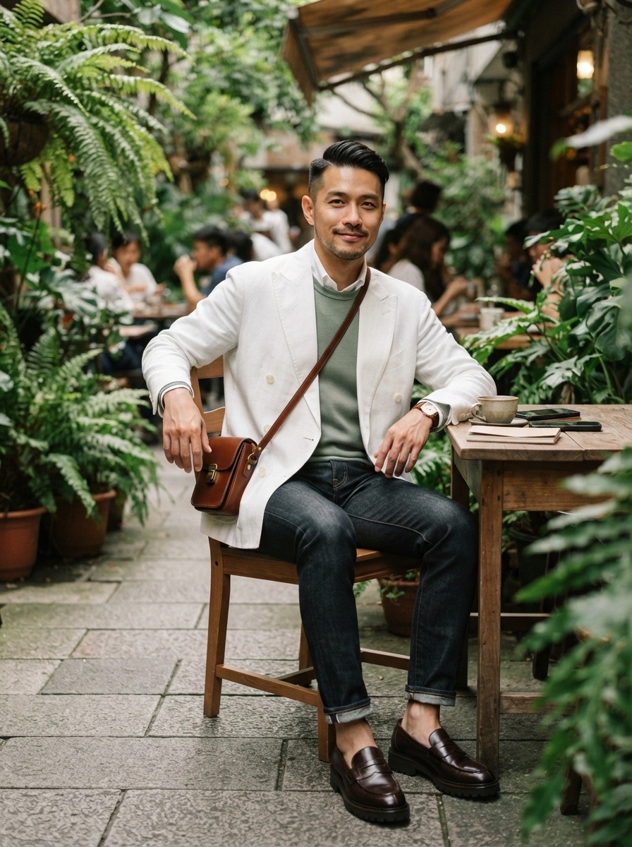 SKIPIKS AI 패션 화보 — smart_casual, elegant — 깨끗한 흰색 블레이저와 자연스러운 녹색 스웨터가 조화를 이루어 세련된 무드를 연출해보세요. 깔끔한 청바지와 갈색 로퍼를 매치하면 격조 높은 캐주