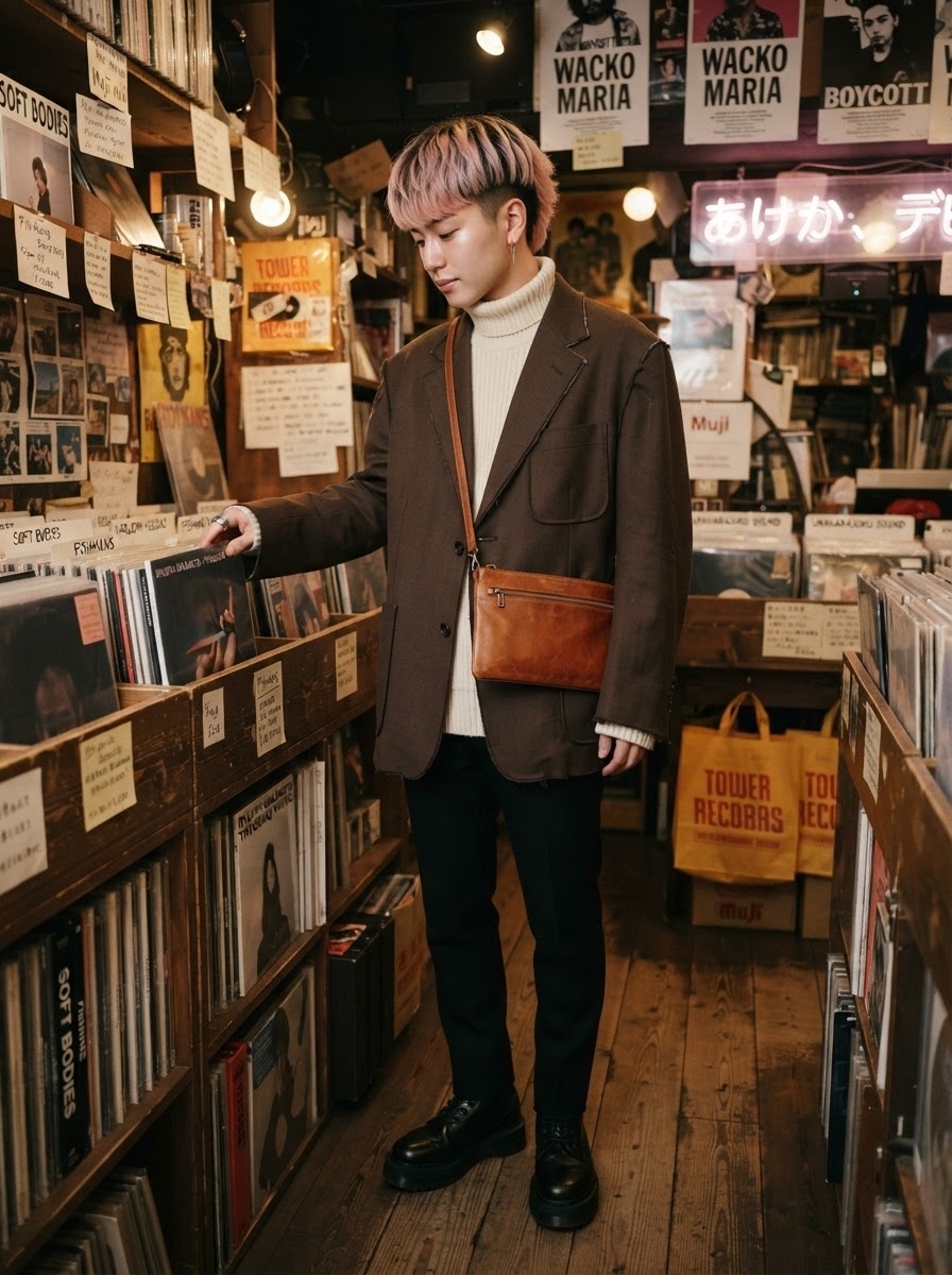 SKIPIKS AI 패션 화보 — vintage, modern — 빈티지 브라운 자켓과 아이보리 터틀넥의 조합이 세련된 겨울 무드를 완성합니다. 이 룩은 베이직한 블랙 슬랙스와 로퍼로 깔끔한 마무리를 추천해요.