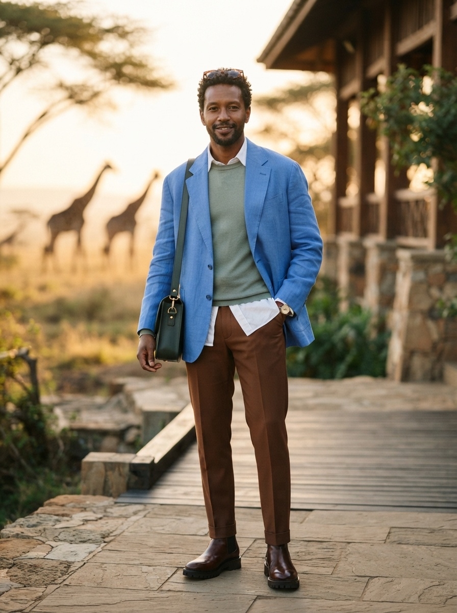 SKIPIKS AI 패션 화보 — smart casual, dapper — 하늘색 재킷과 그린 니트의 조화가 시선을 사로잡는 세련된 룩입니다. 브라운 팬츠와 부츠로 클래식하면서도 모던한 감각을 더해보세요. 오피스나 세미