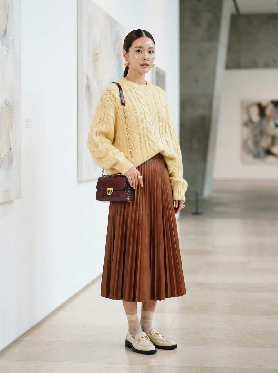 SKIPIKS AI 패션 화보 — chic, elegant — 크림색 니트와 브라운 플리츠 스커트로 우아한 가을 분위기를 연출해보세요. 명품 감성을 더해주는 버건디 숄더백과 골드 액세서리로 포인트를 줘도 좋