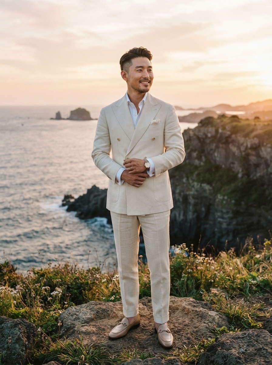SKIPIKS AI 패션 화보 — classic, elegant — 베이지와 화이트의 조화로운 컬러감이 우아하면서도 세련된 무드를 연출해보세요. 더블 브레스트 자켓과 슬랙스의 조합은 모던하면서도 포멀한 느낌을 살