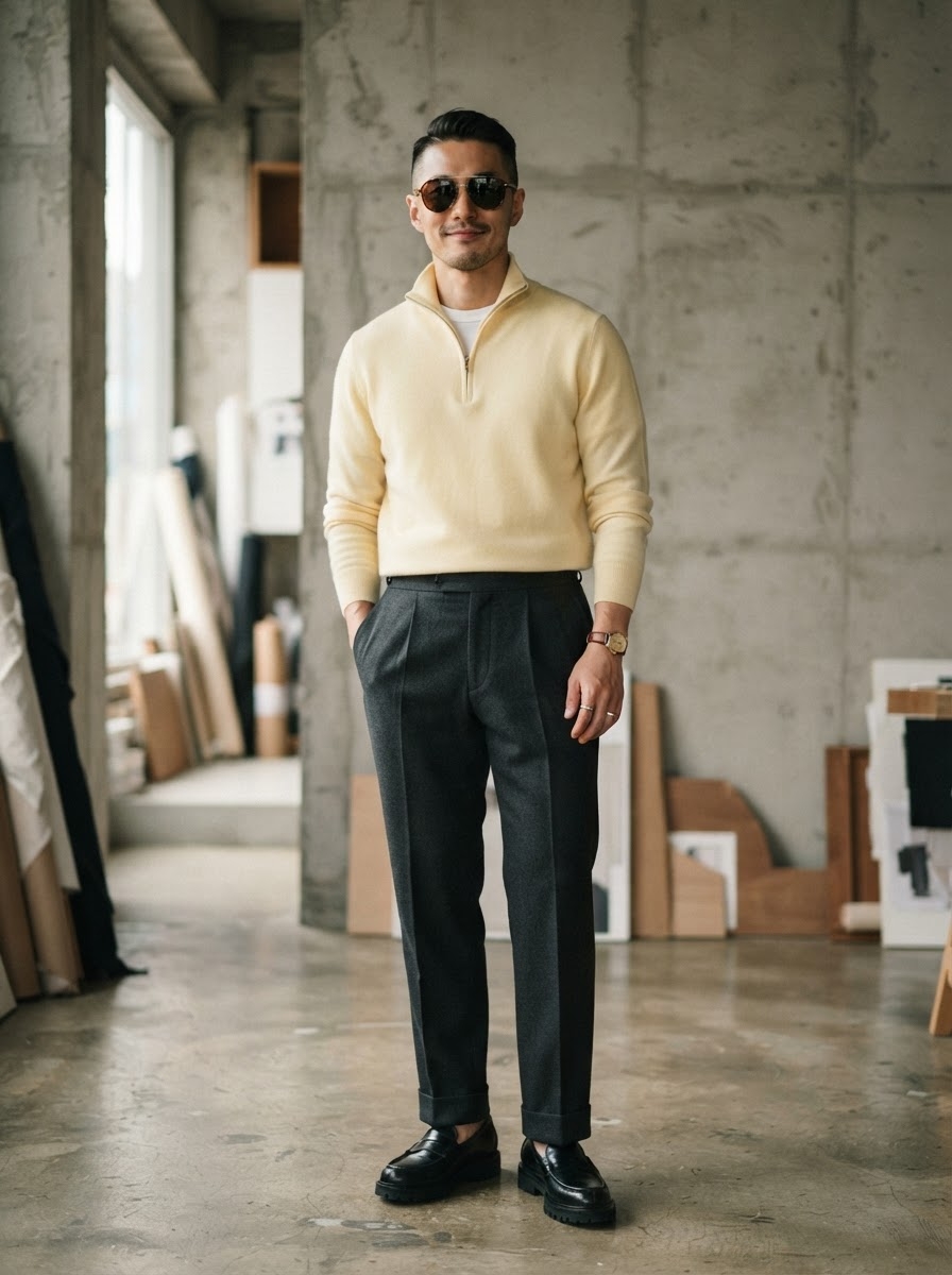 SKIPIKS AI 패션 화보 — classic, minimalist, smartcasual — 아이보리 스웨터와 차콜 슬랙스의 조화가 우아하면서도 세련된 느낌을 줍니다. 선글라스와 로퍼를 매치하면 클래식한 도시 감성을 완성할 수 있어요. 