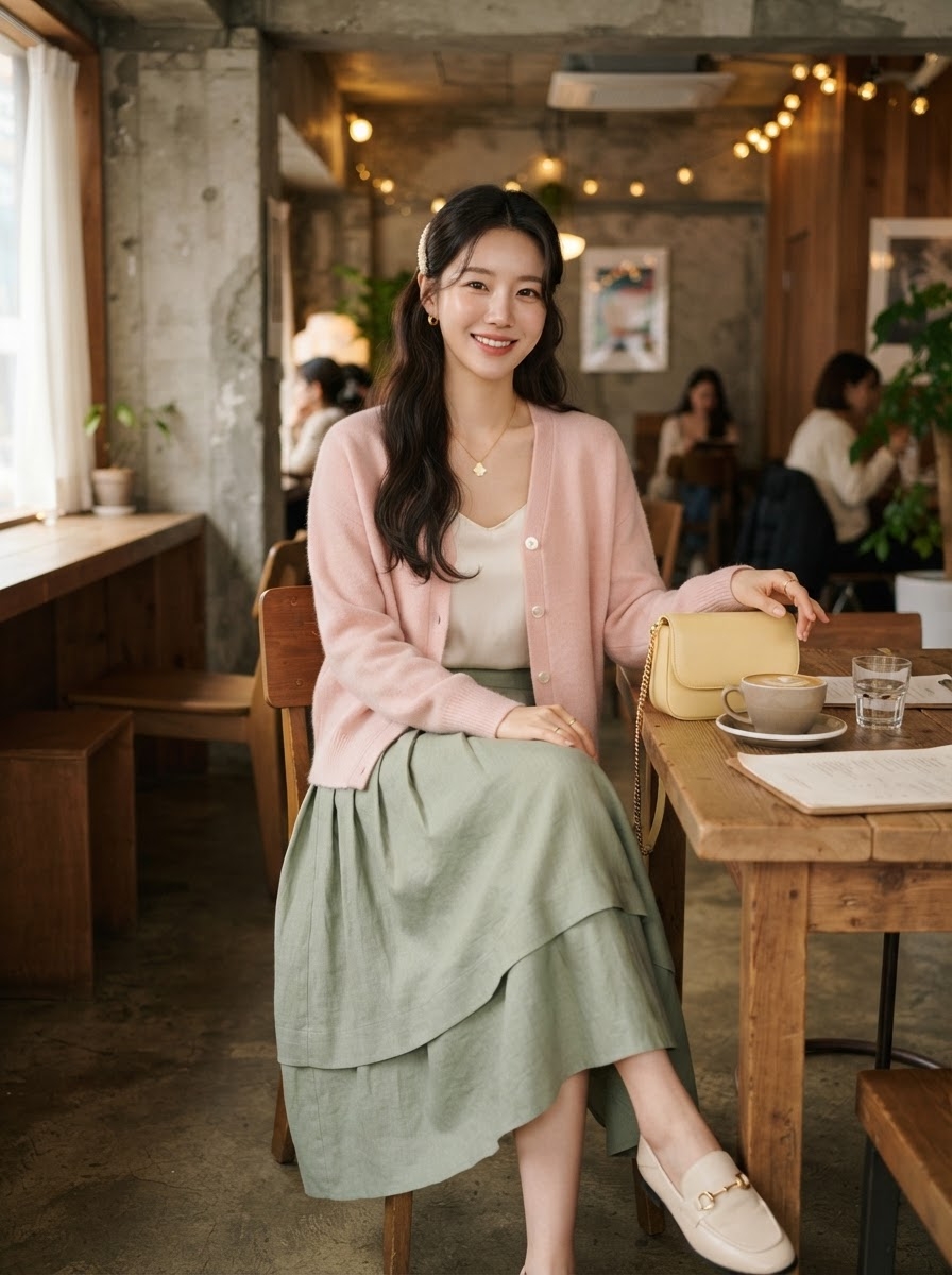 SKIPIKS AI 패션 화보 — feminine, romantic, casual — 파스텔톤의 가디건과 스커트가 조화를 이루며 사랑스러운 봄의 분위기를 연출해보세요. 여기에 심플한 블라우스와 아이보리 로퍼를 매치하면 더욱 완성도