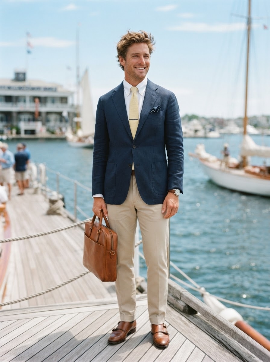 SKIPIKS AI 패션 화보 — preppy, classic, smart — 네이비 블레이저와 베이지 치노 팬츠로 완성된 이 룩은 세련된 클래식 무드가 느껴집니다. 노란색 넥타이로 포인트를 주고, 브라운 톤의 악세서리로 