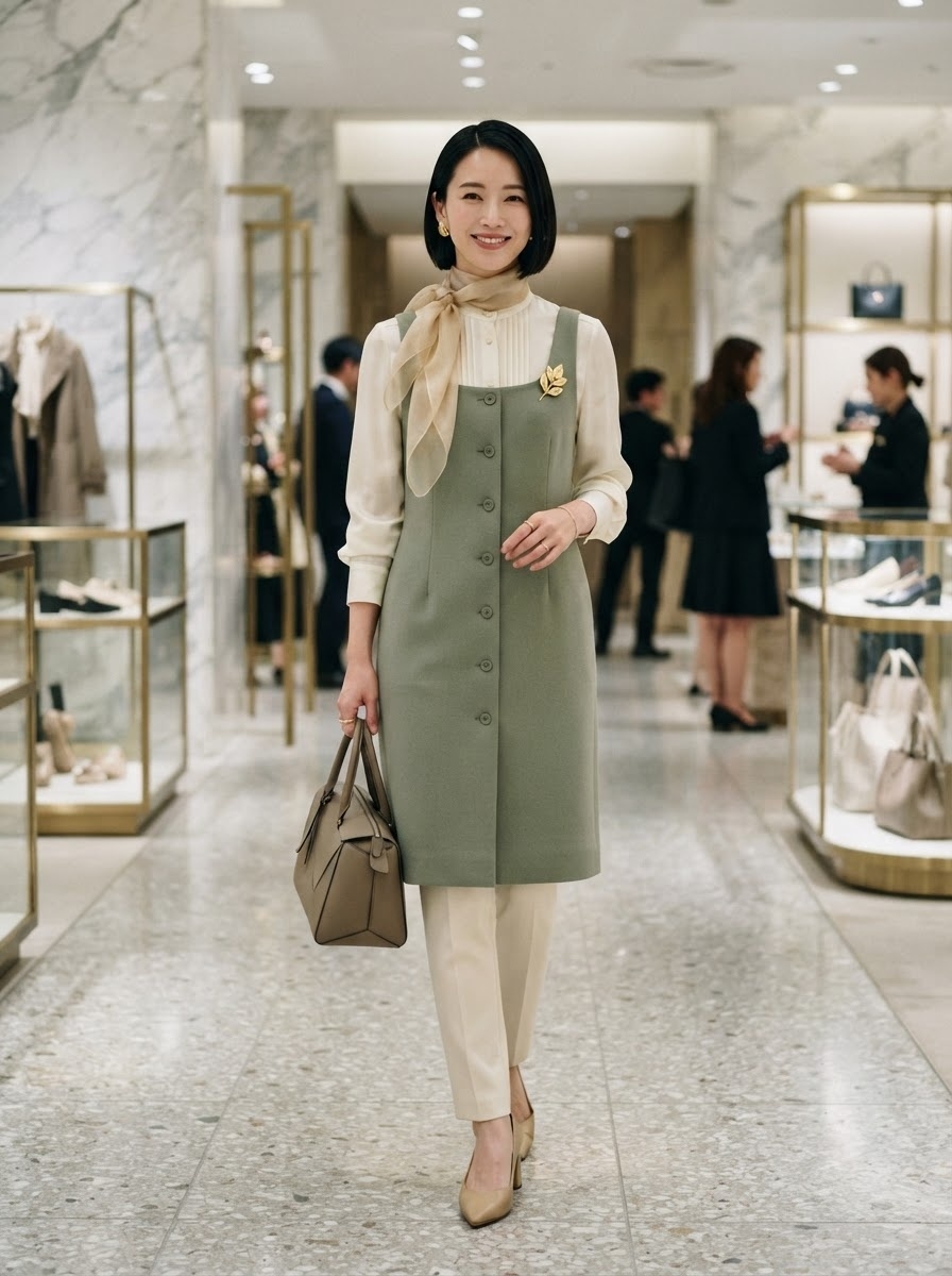 SKIPIKS AI 패션 화보 — elegant, minimalist, office — 세이지 그린 원피스와 크림색 블라우스로 부드러우면서도 세련된 무드를 연출해보세요. 베이지 펌프스와 토트백으로 같은 톤을 매치하면 고급스러움이 강