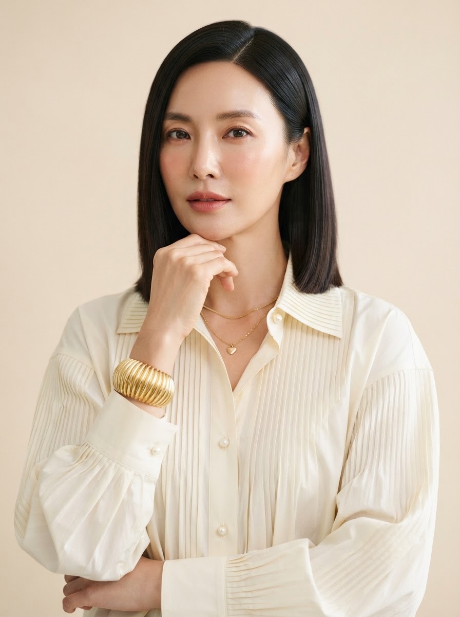 SKIPIKS AI 패션 화보 — feminine, elegant — 아이보리 블라우스와 골드 액세서리가 어우러진 우아한 모던룩입니다. 금색 목걸이와 팔찌로 세련미를 더하며, 깔끔한 메이크업으로 포인트를 줬어요. 