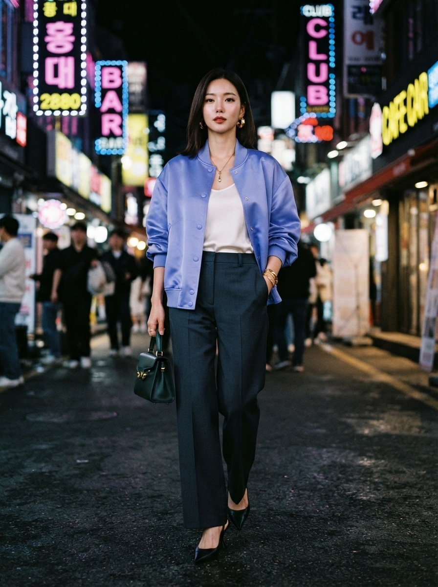 SKIPIKS AI 패션 화보 — modern, chic — 선명한 블루 재킷이 돋보이는 세련된 도시 스타일의 반복입니다. 기본 화이트 탑과 네이비 팬츠로 모던한 무드를 살려보세요. 데이트나 가벼운 외출에