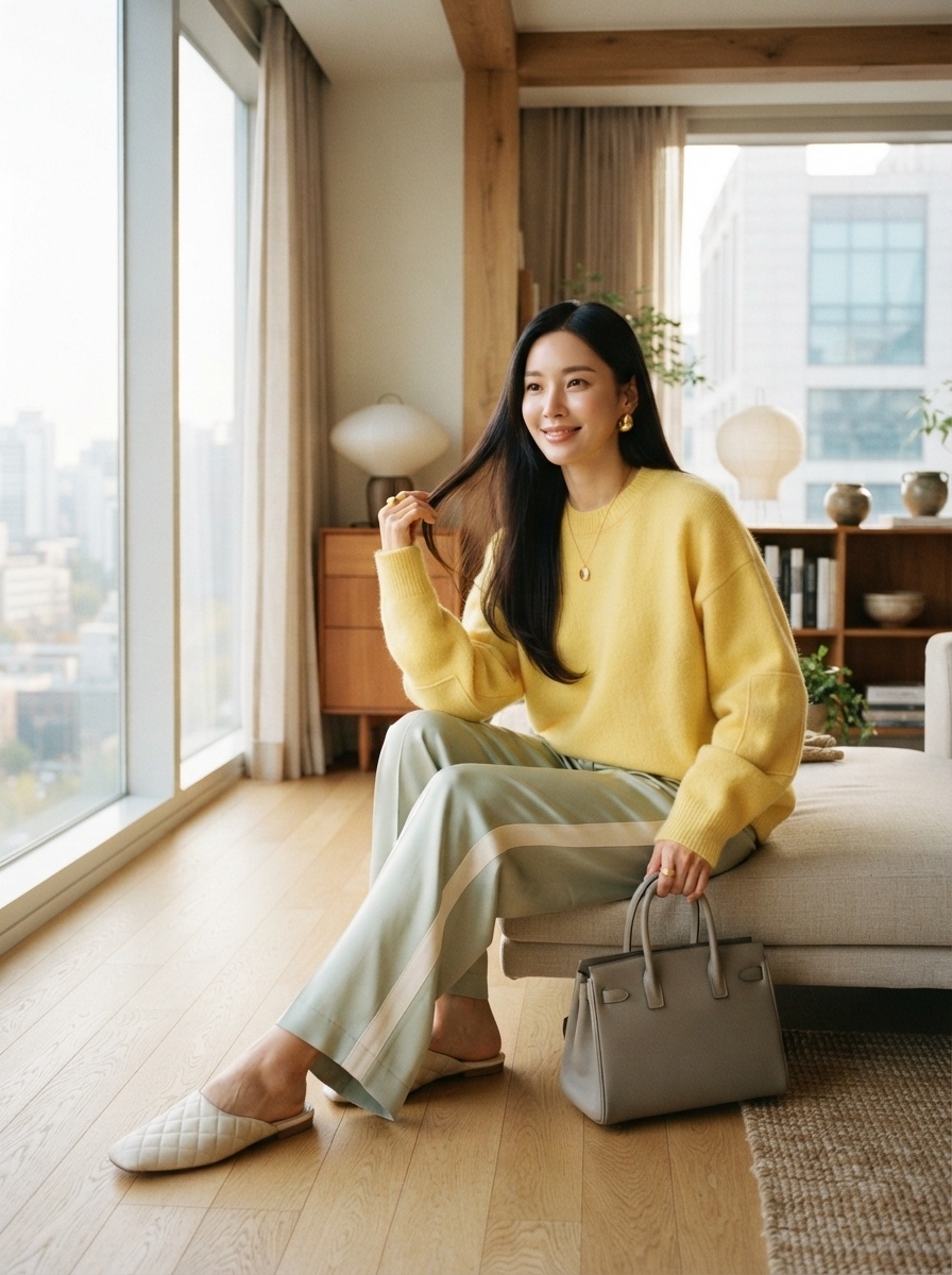 SKIPIKS AI 패션 화보 — minimalist, feminine — 부드러운 노란색 스웨터와 민트색 팬츠의 조화로 산뜻한 분위기를 연출해보세요. 금색 액세서리로 포인트를 더해 세련된 느낌을 줍니다. 데일리 스타일