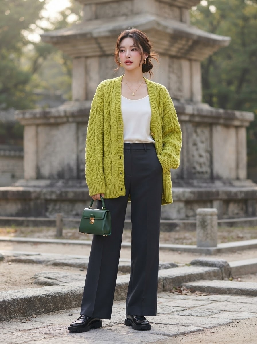 SKIPIKS AI 패션 화보 — minimalist, casual, chic — 연두색 니트 가디건이 차분한 무드를 선사하며, 화이트 탱크탑과 함께 모던한 실루엣을 완성합니다. 검정 슬랙스와 로퍼로 스타일을 깔끔하게 정리해 