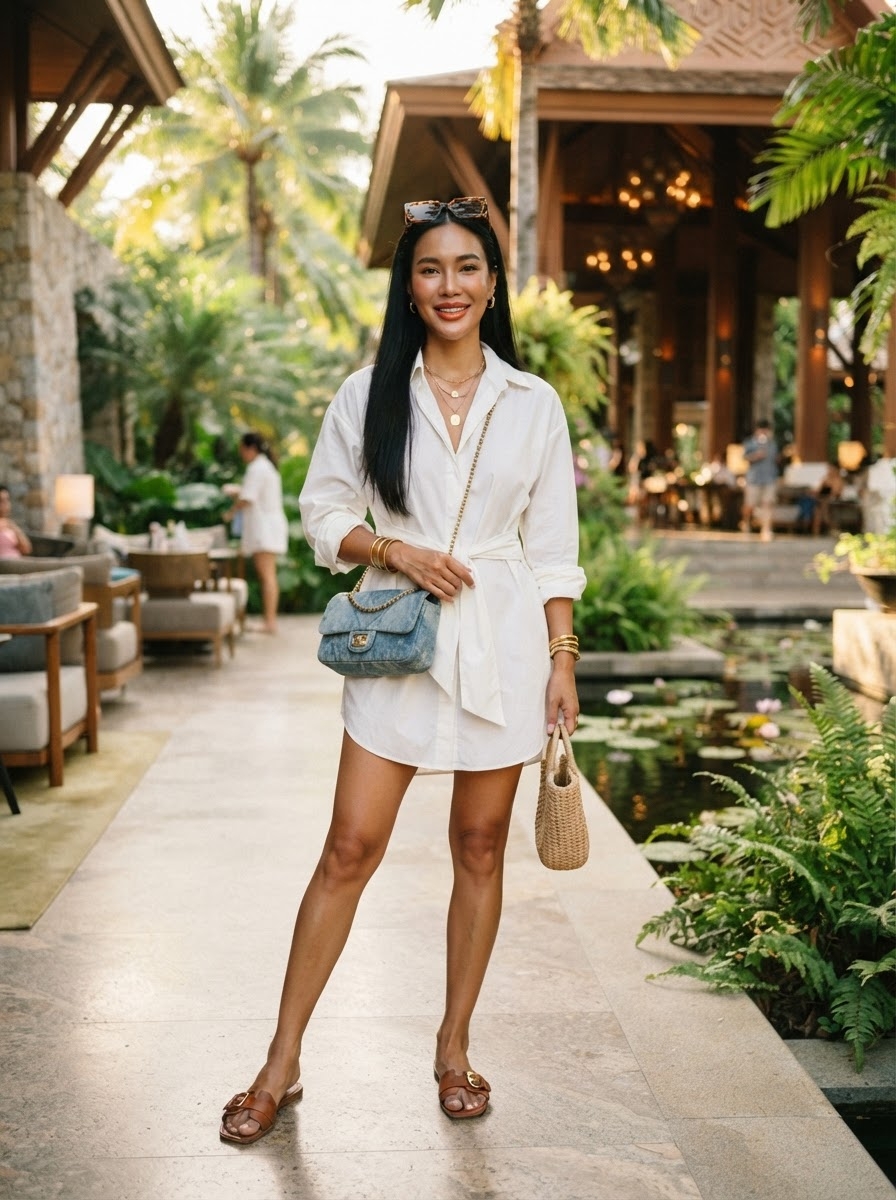 SKIPIKS AI 패션 화보 — minimalist, casual, chic — 화이트 셔츠 드레스로 여름의 시원한 감성을 담은 룩이 완성됩니다. 골드 액세서리와 라탄 핸드백으로 포인트를 줘서 더욱 세련된 스타일링을 추천해요