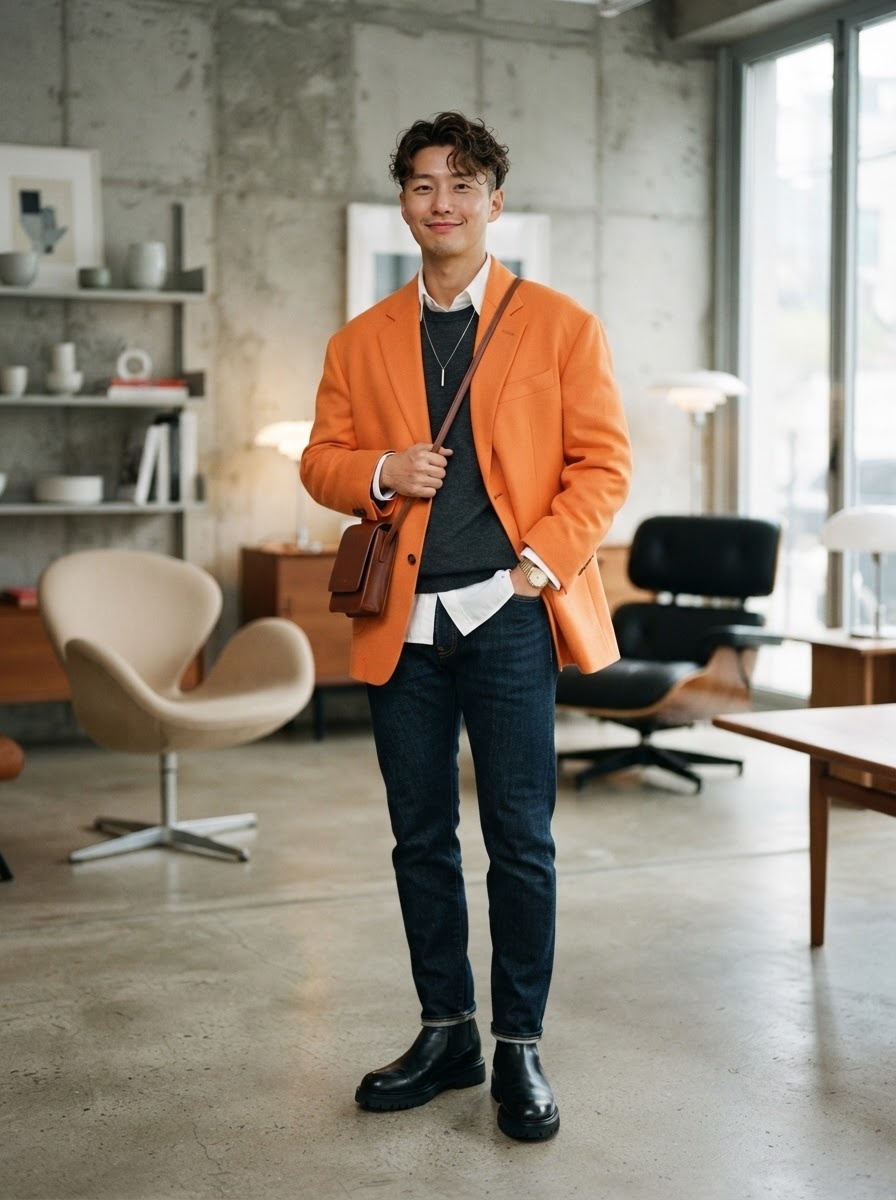 SKIPIKS AI 패션 화보 — business_casual, modern — 강렬한 오렌지 컬러의 재킷이 시선을 사로잡는 세련된 룩입니다. 회색 스웨터와 청바지의 조화로 누구나 쉽게 도전할 수 있는 스타일을 완성합니다. 