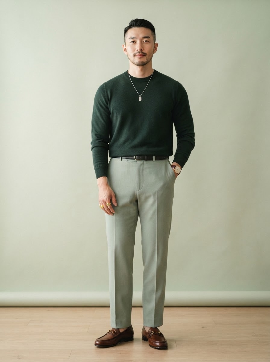 SKIPIKS AI 패션 화보 — minimalist, elegant — 다크 그린 니트와 연그레이 슬랙스의 조화가 세련된 무드를 연출해줍니다. 깔끔한 실루엣을 강조하기 위해 실버 목걸이와 브라운 로퍼로 포인트를 주며
