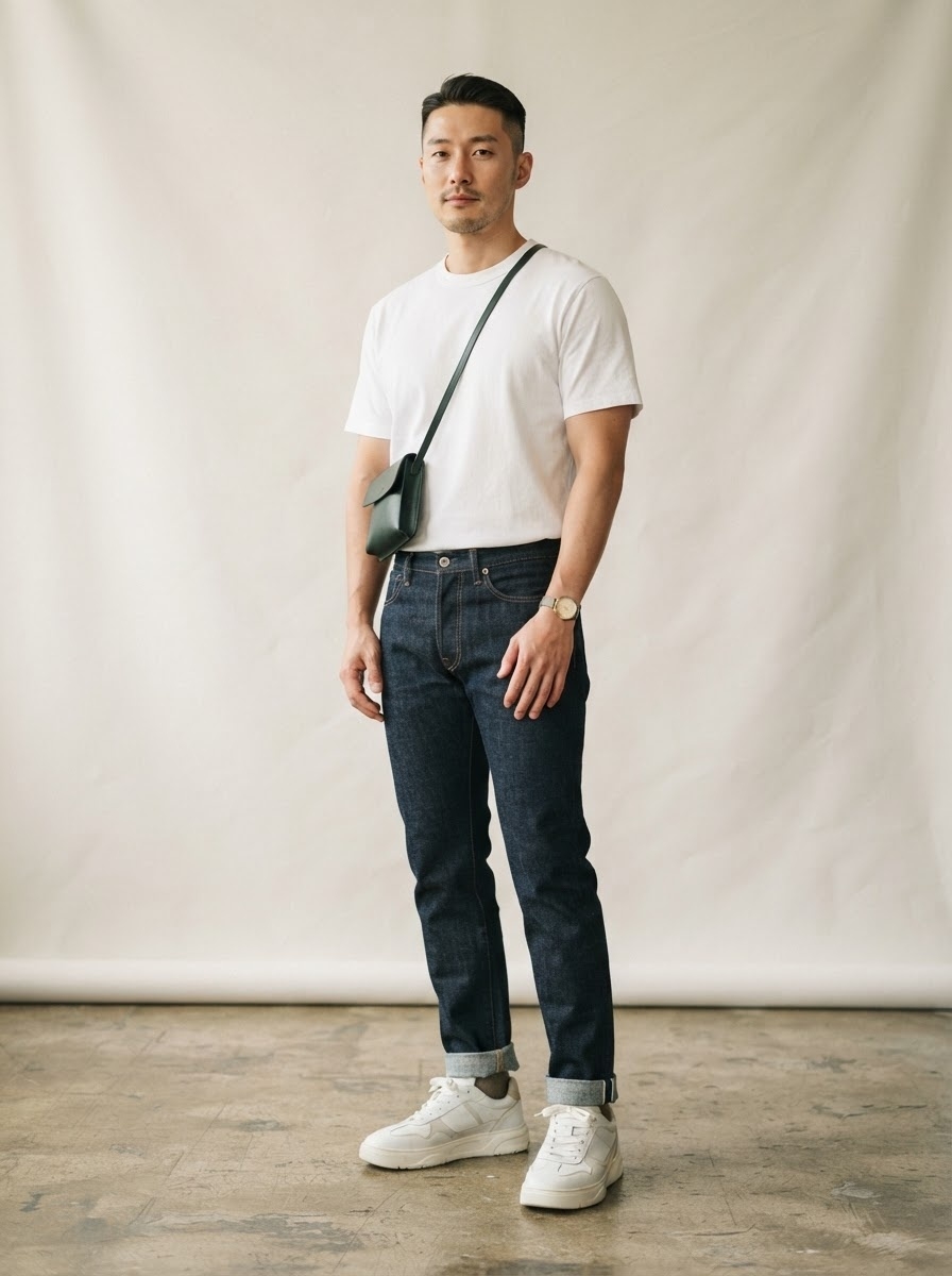 SKIPIKS AI 패션 화보 — minimalist, casual — 화이트 티셔츠와 진청색 청바지가 깔끔한 캐주얼룩을 완성합니다. 기본 아이템에 스타일리시한 가방과 시계로 포인트를 주어 스타일을 업그레이드해보세요