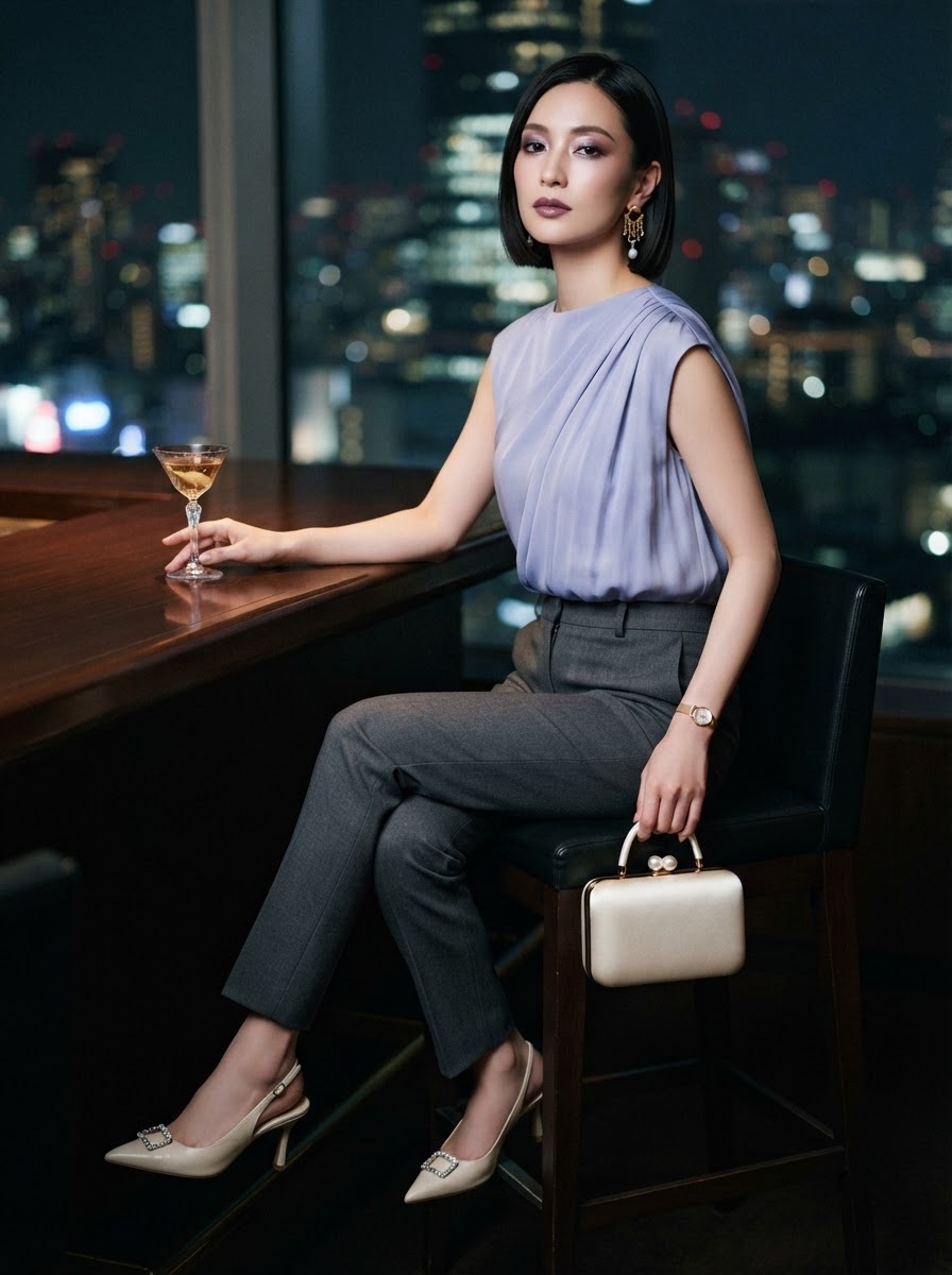 SKIPIKS AI 패션 화보 — elegant, modern, feminine — 라벤더 컬러의 민소매 블라우스와 회색 슬랙스가 조화를 이루어 우아하면서도 현대적인 무드를 완성합니다. 골드 톤의 이어링과 시계로 세련된 포인트를