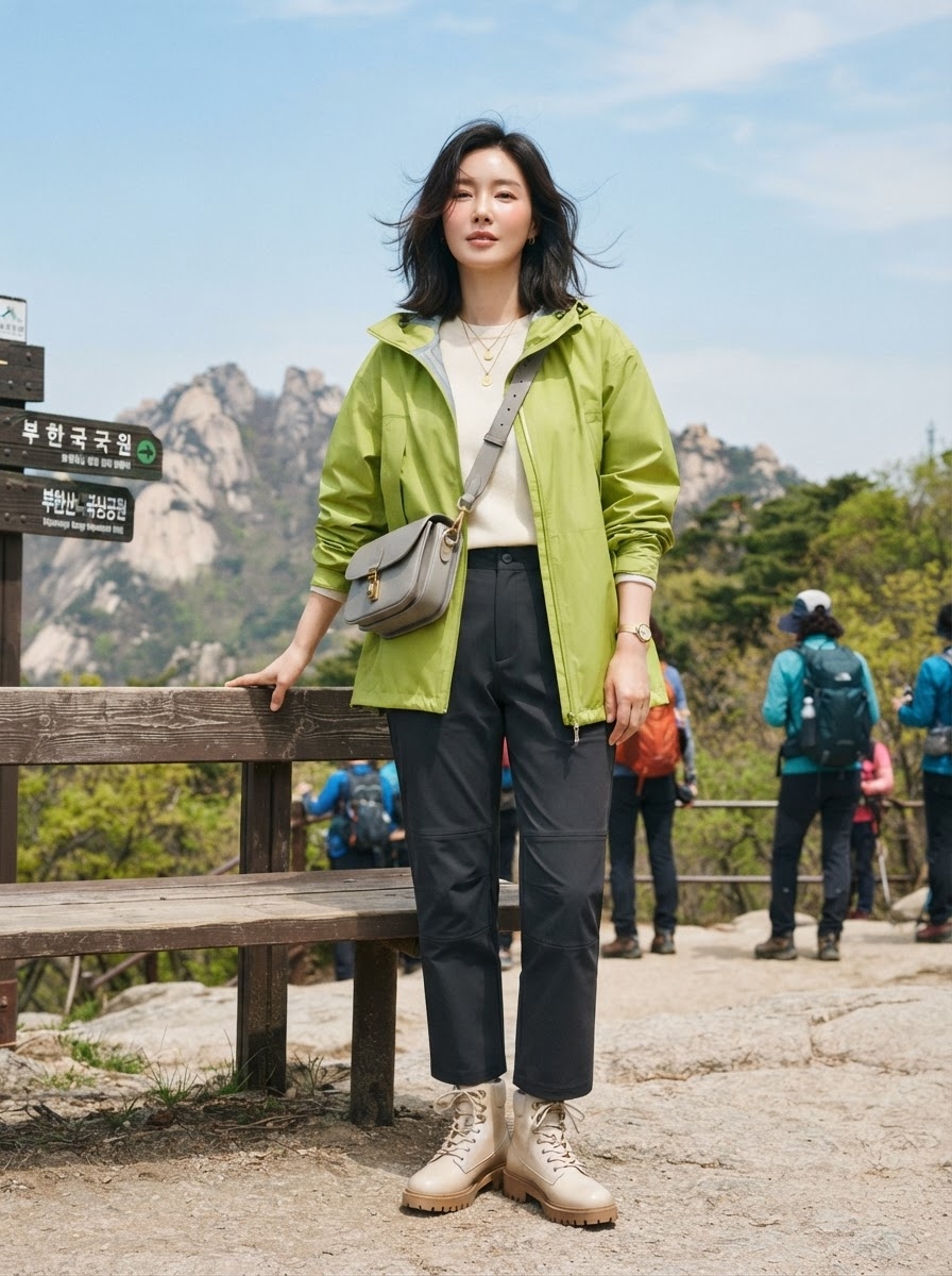 SKIPIKS AI 패션 화보 — outdoor, casual, functional — 연두색 바람막이와 아이보리 니트의 조합이 산뜻한 하이킹 스타일을 연출해요. 검정 슬랙스와 크림색 부츠를 매치해 실용적이면서도 세련된 인상을 줍니