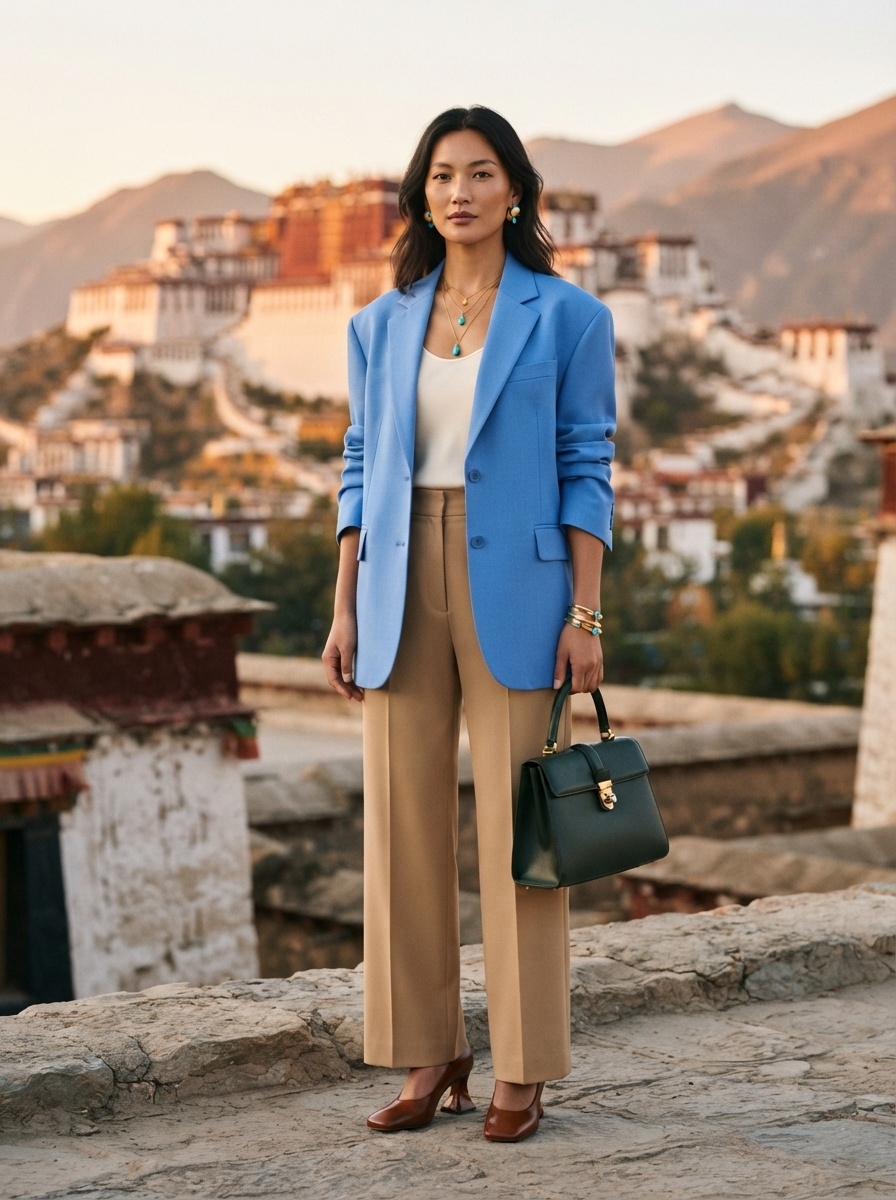 SKIPIKS AI 패션 화보 — chic, sophisticated — 파란 블레이저와 베이지 팬츠의 조합이 세련된 무드를 연출해보세요. 금속 액세서리와 녹색 핸드백으로 포인트를 더하여 모던한 스타일을 완성합니다. 