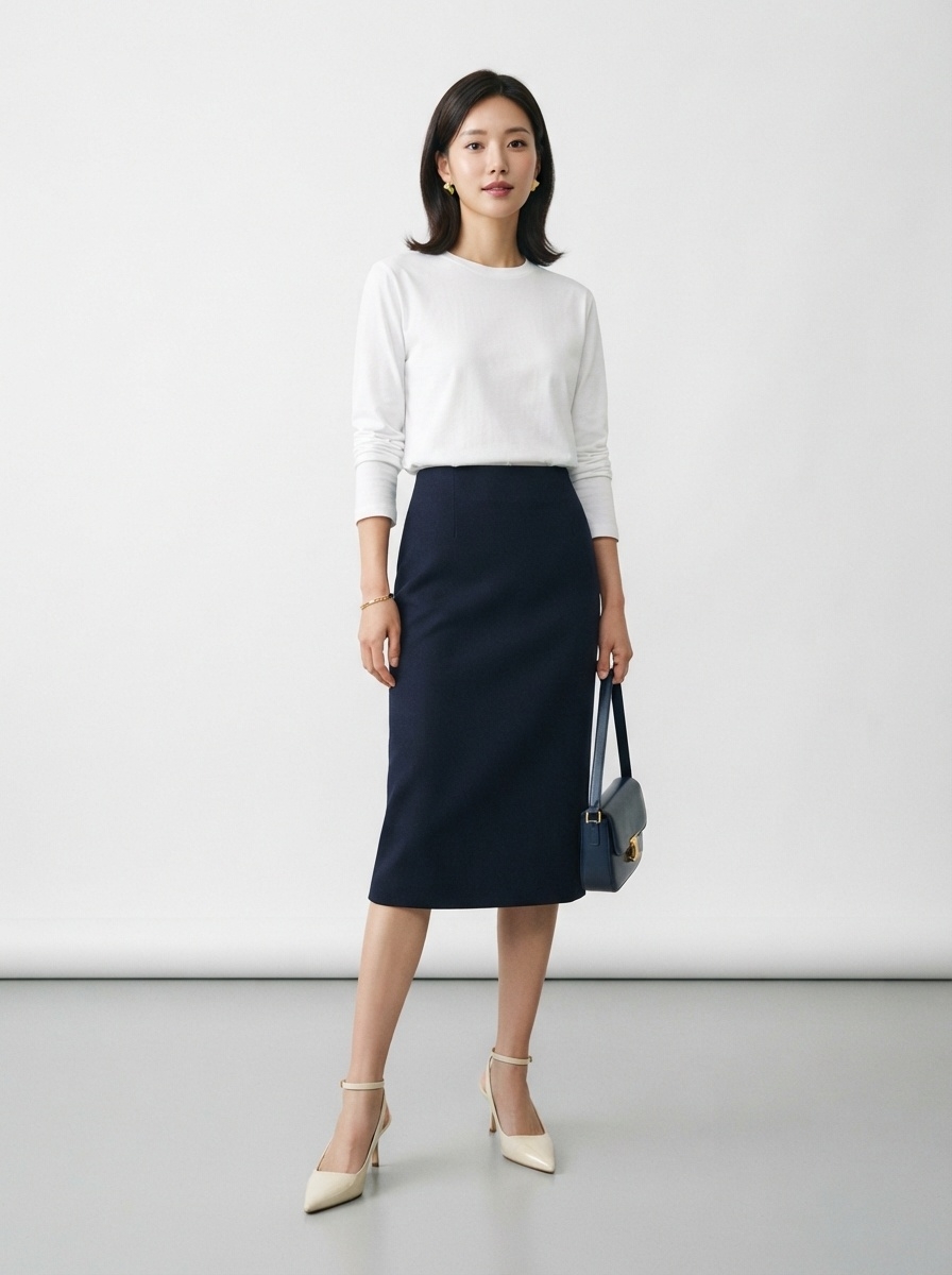 SKIPIKS AI 패션 화보 — minimalist, feminine, chic — 세련된 여성미가 돋보이는 미니멀 스타일로, 네이비 스커트와 흰 티셔츠의 조화가 감각적입니다. 골드 액세서리와 네이비 백으로 우아하게 포인트를 살