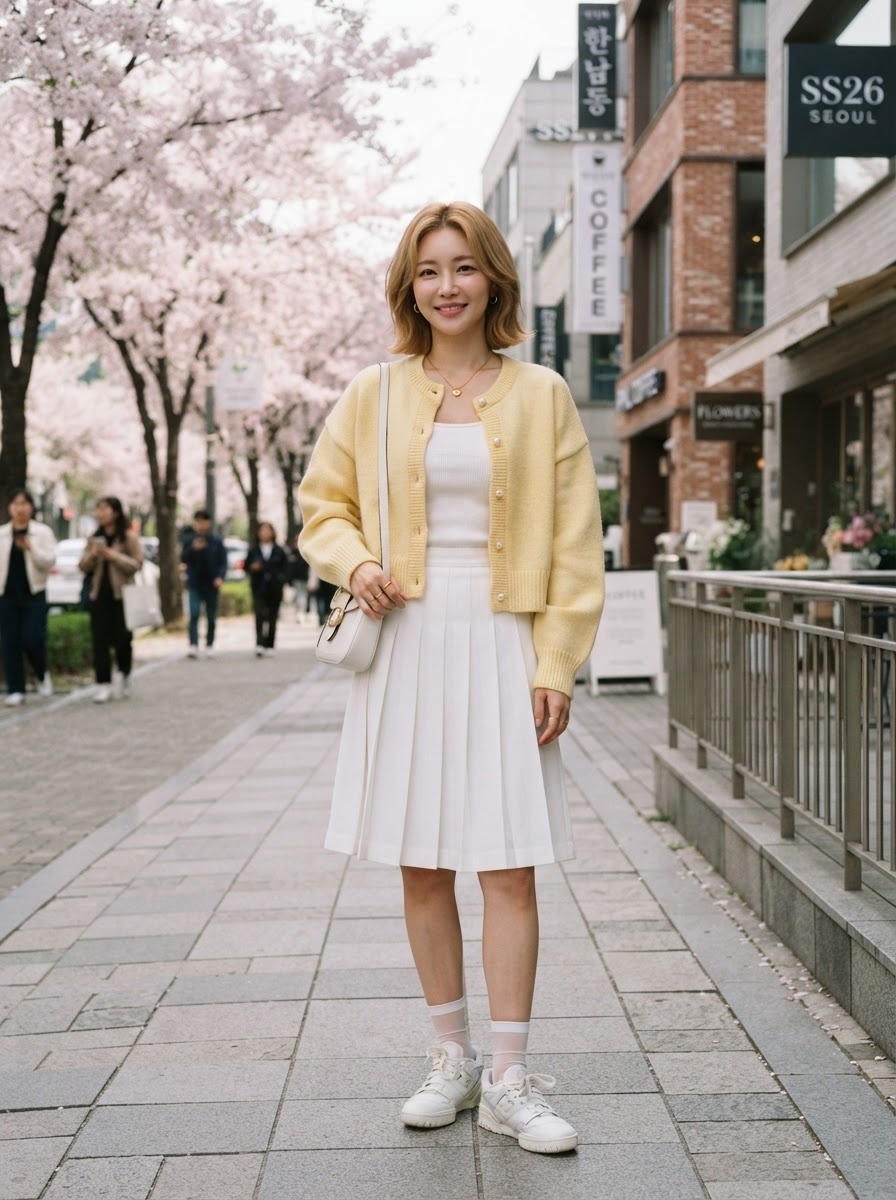 SKIPIKS AI 패션 화보 — feminine, minimalist — 부드러운 노란색과 흰색의 조합이 봄날의 산뜻함을 완성해주는 룩이에요. 시원한 민소매 상의에 플리츠 스커트를 매치해 우아한 실루엣을 강조해보세요.