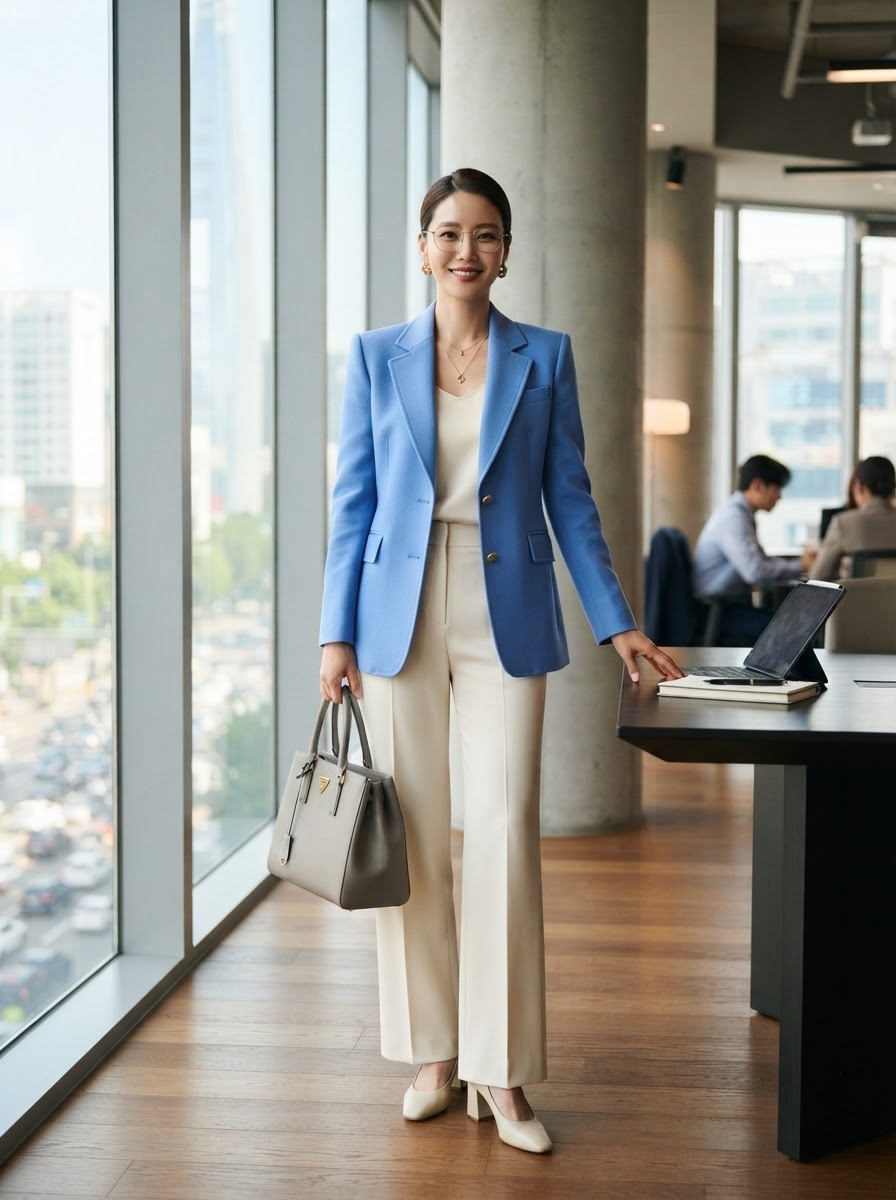 SKIPIKS AI 패션 화보 — business, classic, elegant — 고급스러움이 느껴지는 블루 블레이저와 크림색 슬랙스의 조합이 인상적입니다. 클래식한 안경과 함께 연출해 세련되고 지적인 이미지를 완성해보세요. 