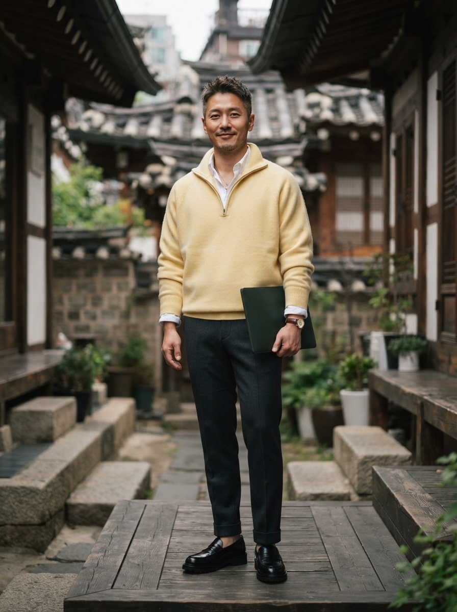 SKIPIKS AI 패션 화보 — smartcasual, dapper — 상쾌한 노란색 스웨터가 중심이 되어 회색 슬랙스와 블랙 로퍼로 단정한 무드를 연출해보세요. 셔츠 칼라를 살짝 보이게 연출하여 스마트하게 스타일링