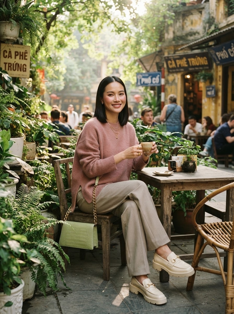 SKIPIKS AI 패션 화보 — casual, chic — 부드러운 핑크 니트와 여유로운 실루엣의 베이지 팬츠로 편안하지만 스타일리시한 가을 룩을 완성했어요. 클래식한 아이보리 로퍼와 연두색 숄더백이 포