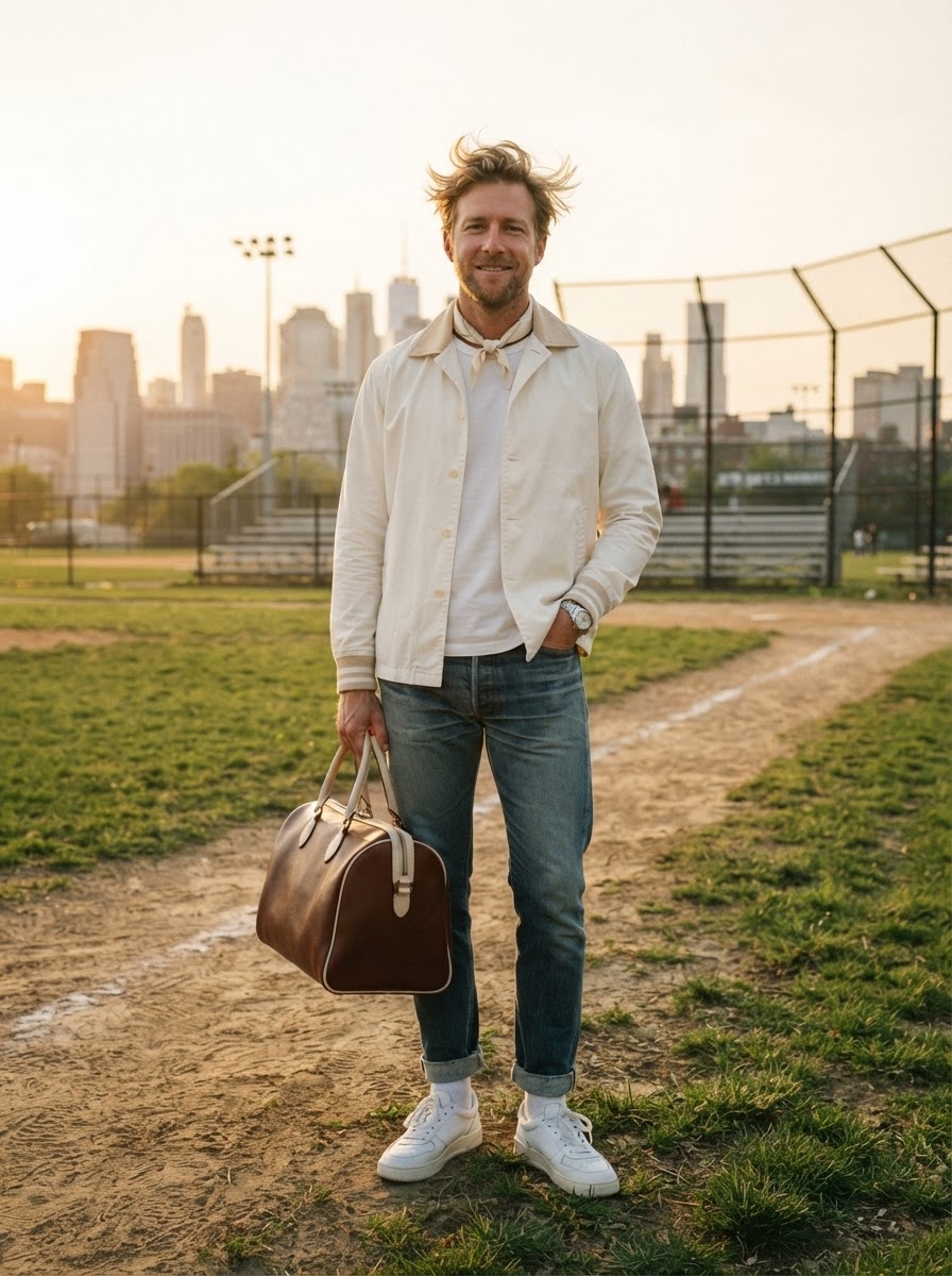 SKIPIKS AI 패션 화보 — casual, classic, dapper — 아이보리 자켓과 화이트 셔츠의 조합은 깔끔하고 세련된 봄 분위기를 선사해요. 청바지와 화이트 운동화로 캐주얼하면서도 단정한 느낌을 연출해보세요.