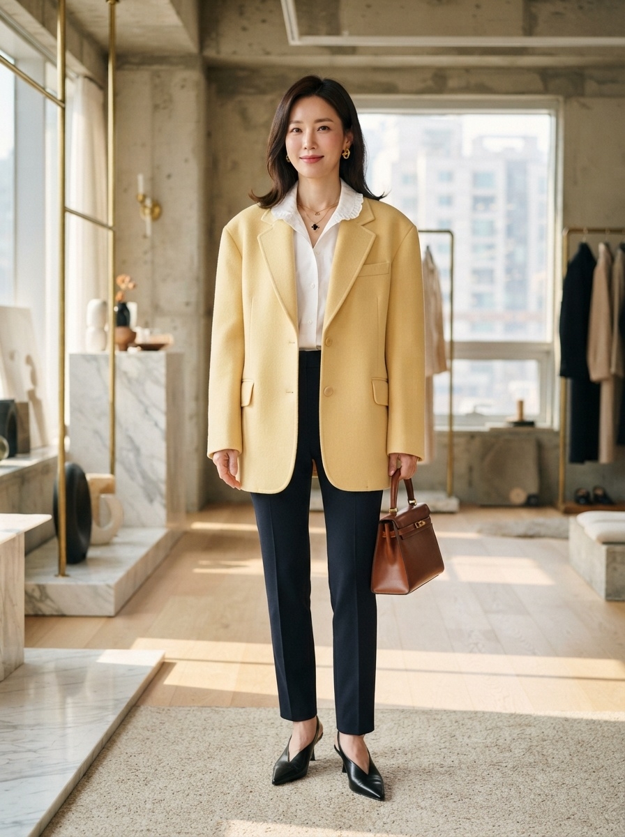 SKIPIKS AI 패션 화보 — classic, chic, modern — 노란색 블레이저와 네이비 팬츠로 완성된 깔끔하고 세련된 오피스 룩입니다. 흰색 셔츠와 브라운 토트백으로 포인트를 주어 더욱 우아한 분위기를 연출
